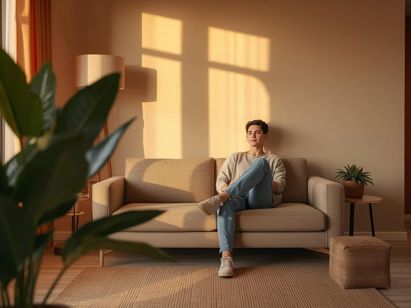 Teen client sitting comfortably in warm Illinois therapy office for anxiety support.