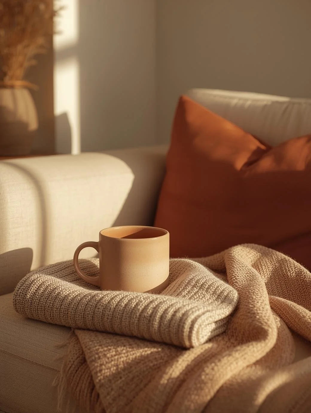 Cozy grounding scene with mug and blanket in a warm neutral therapy-style setting in Illinois.