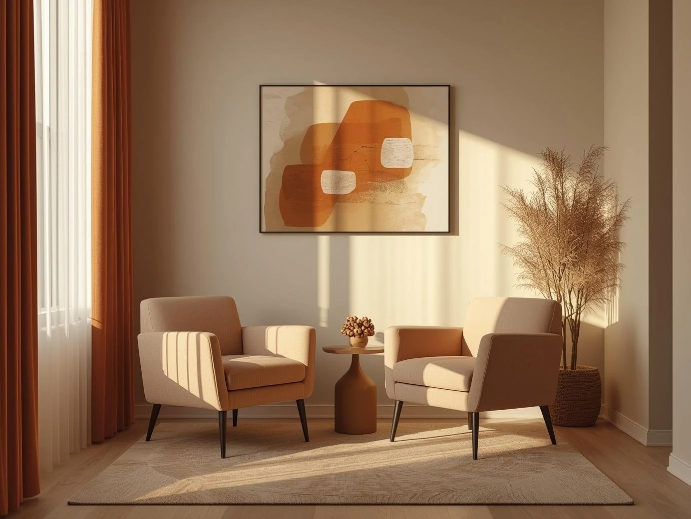 Warm couples therapy office in Illinois with two chairs facing each other.