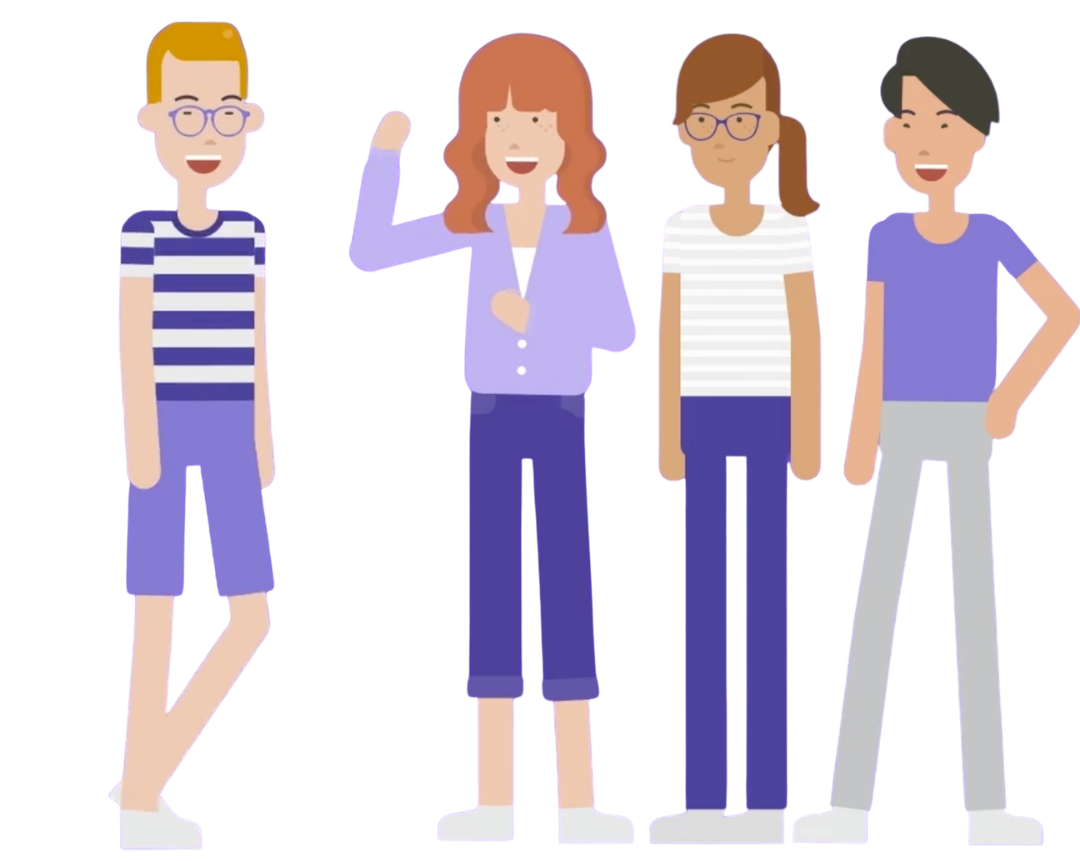 Four women standing together, smiling, and posing cheerfully.