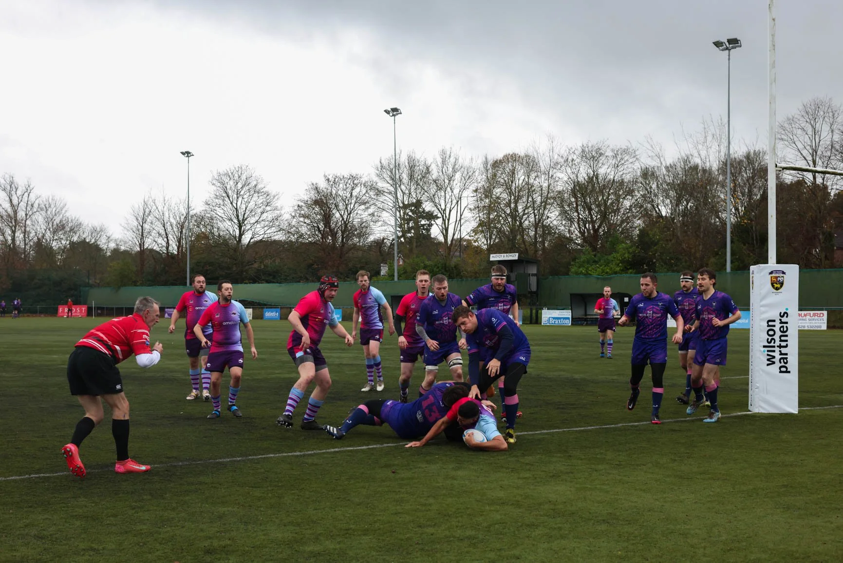 Rugby players in purple and pink uniforms compete on a grassy field; some players are tackling, others are nearby; there is a referee in red and black with red shoes; trees and a cloudy sky are in the background.