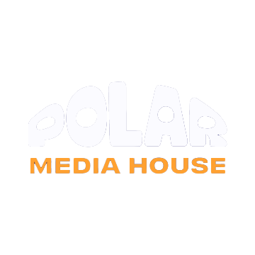 Logo with the text "POLAR MEDIA HOUSE" on a black background, with "POLAR" in large, white, stylized letters and "MEDIA HOUSE" in smaller orange text below.
