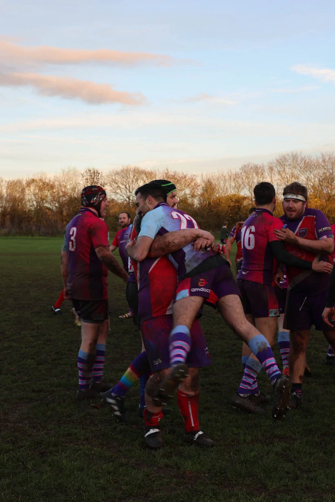 Rugby players celebrating on the field, some hugging and others smiling, wearing colorful uniforms and striped socks, with trees and a blue sky in the background.