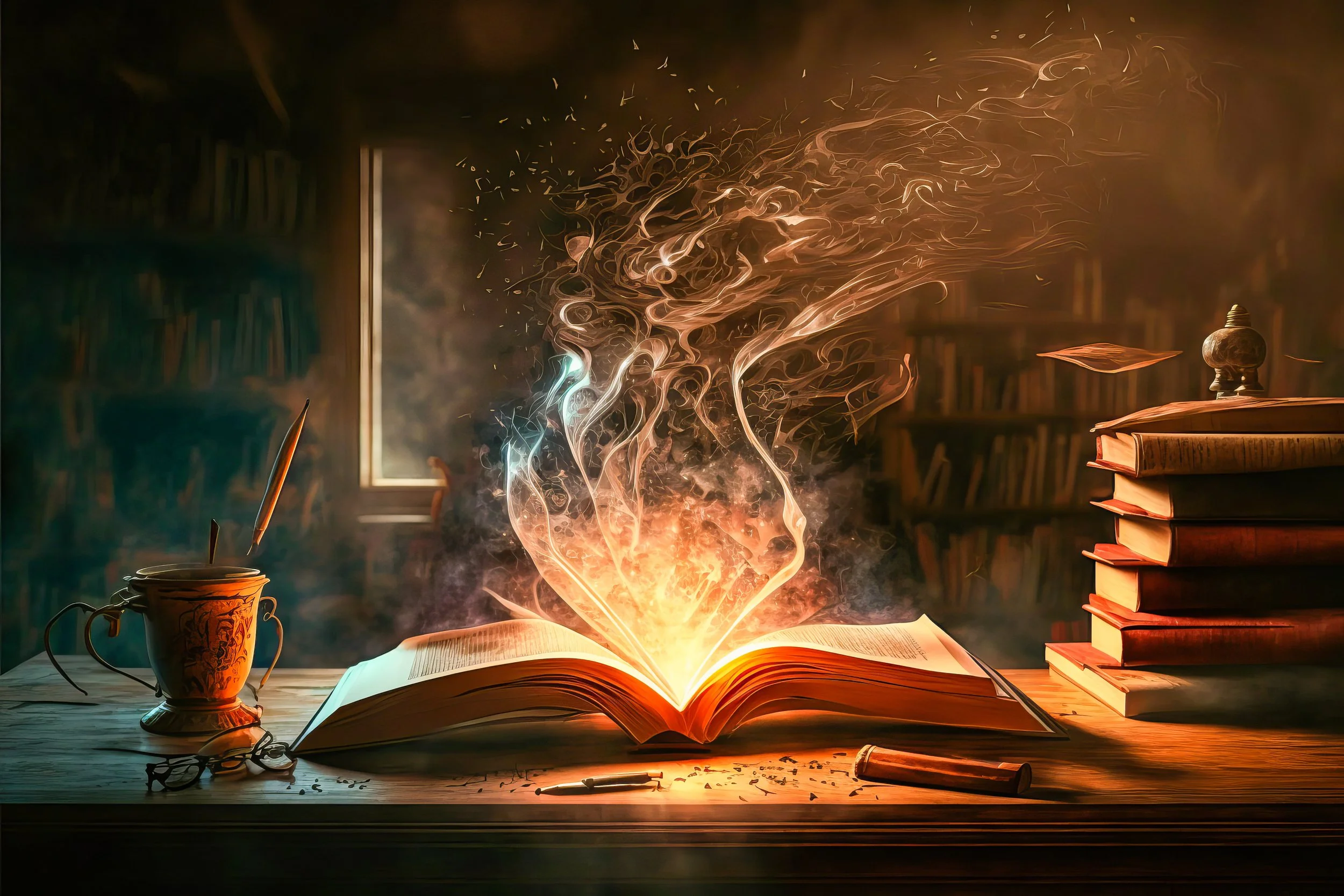 Ein offenes Buch auf einem Tisch, aus dem Flammen und magische Lichter aufsteigen, umgeben von Bücherregalen, einer Tasse und Brillen. Das Licht und die Bewegung wirken magisch und geheimnisvoll.