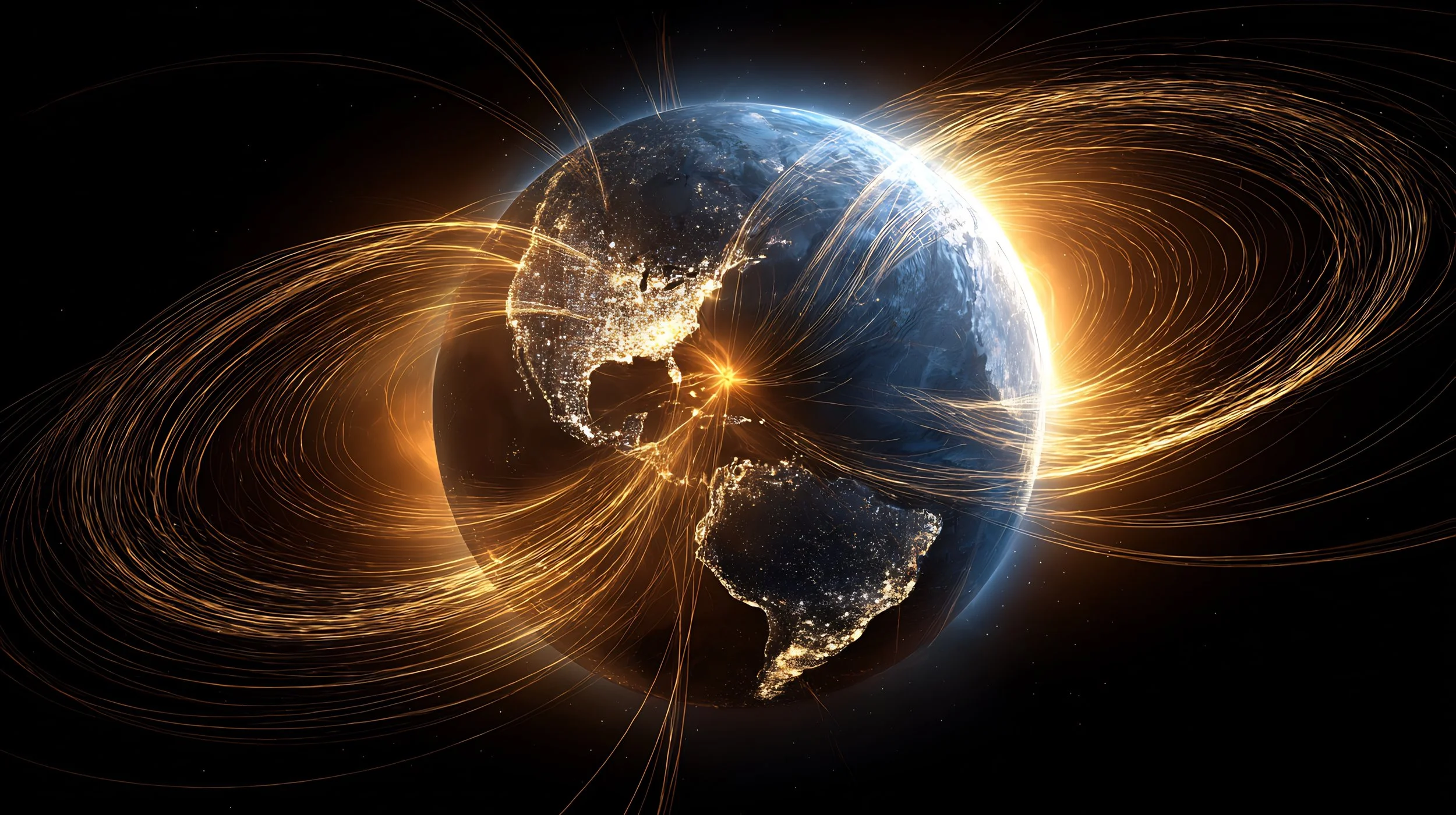 Eine künstlerische Darstellung der Erde mit leuchtenden Linien, die Magnetfeldlinien repräsentieren, bei Nacht, mit sichtbaren Kontinenten und Lichter der Städte