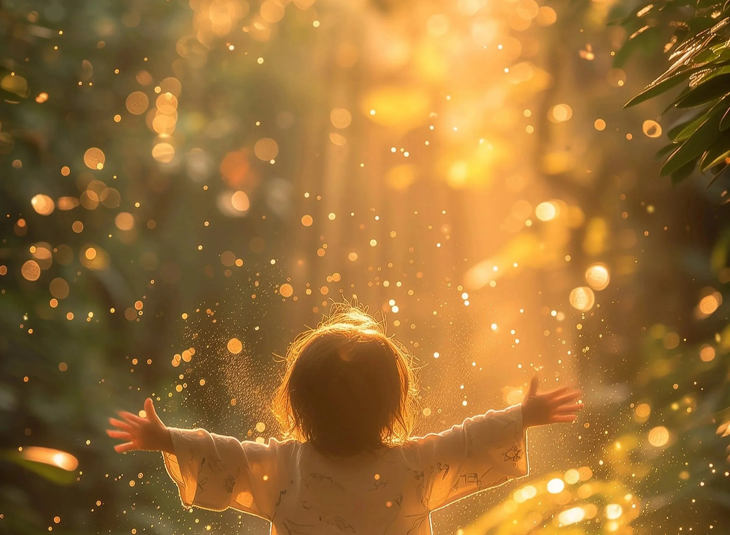 Ein Kind mit ausgebreiteten Armen steht vor einer Lichterkette im Sonnenlicht, umgeben von funkelnden Lichtern. Es wirkt fröhlich und frei in einer natürlichen Umgebung.