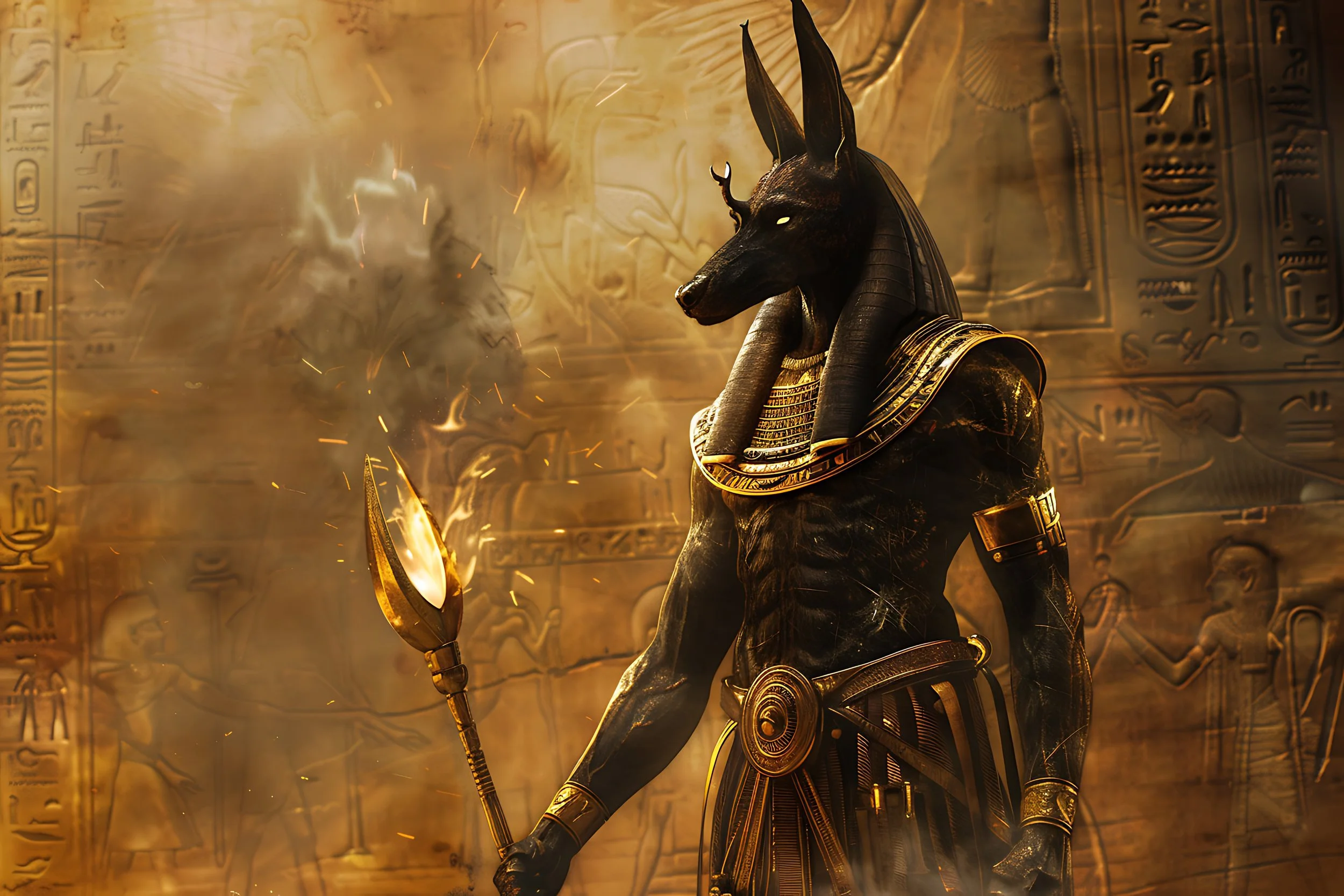 Ein ägyptischer Gott in einer goldenen Hieroglyphen-hintergrund mit schwarzen und goldenen Details und einem schwarzen Anubis-Kopf mit weißen Augen