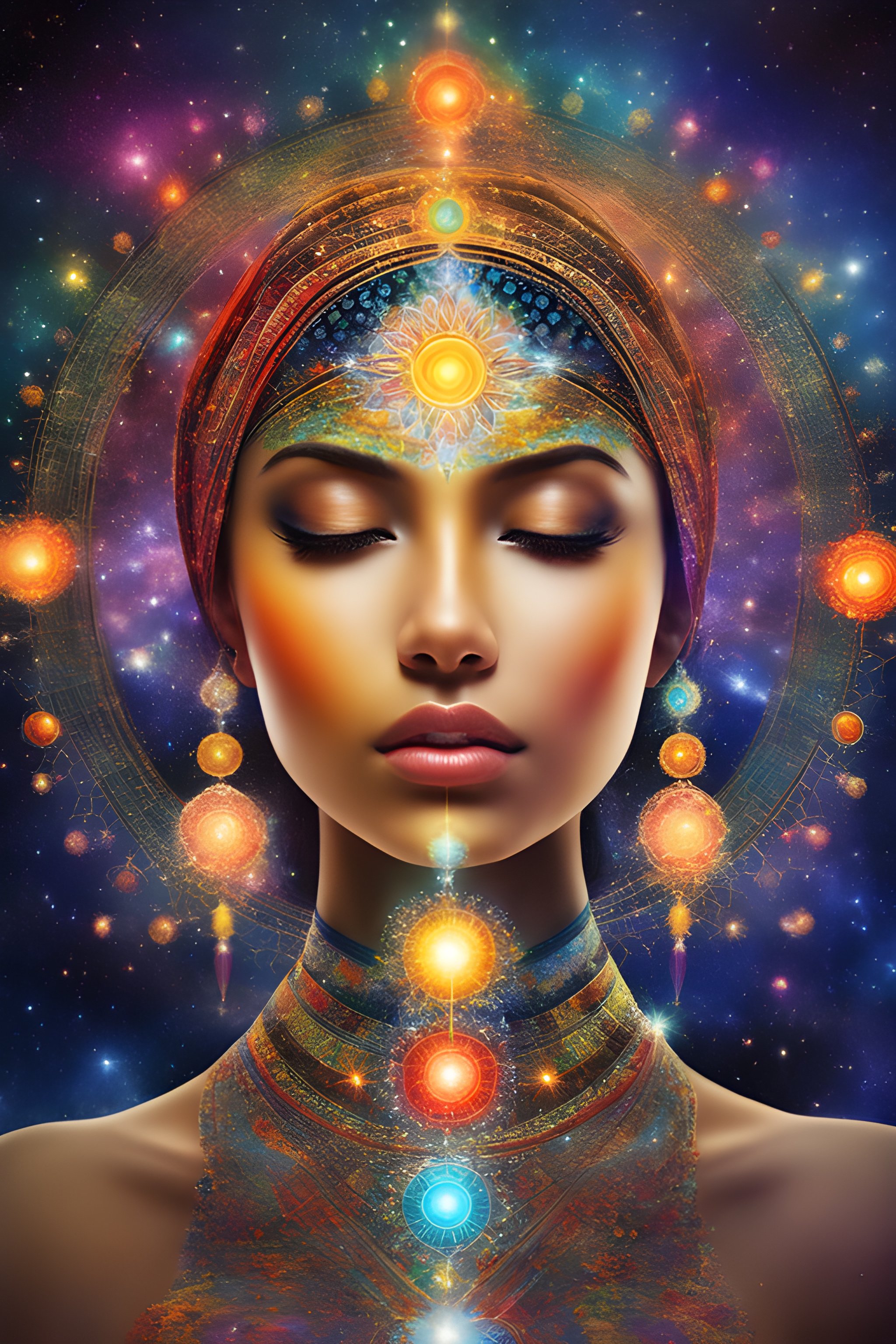Künstlerische Darstellung eines Menschen mit geschlossenen Augen, umgeben von leuchtenden, bunten energiereichen oderbs und Mandalas, die spirituelle und mystische Konzepte symbolisieren.