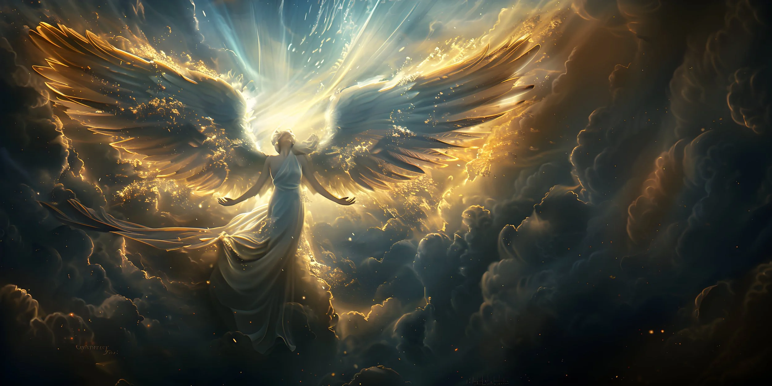 Ein fantasievolles Bild einer engelsgleichen Figur mit goldglänzenden Flügeln, die in einer leuchtenden Wolkenlandschaft schwebt.