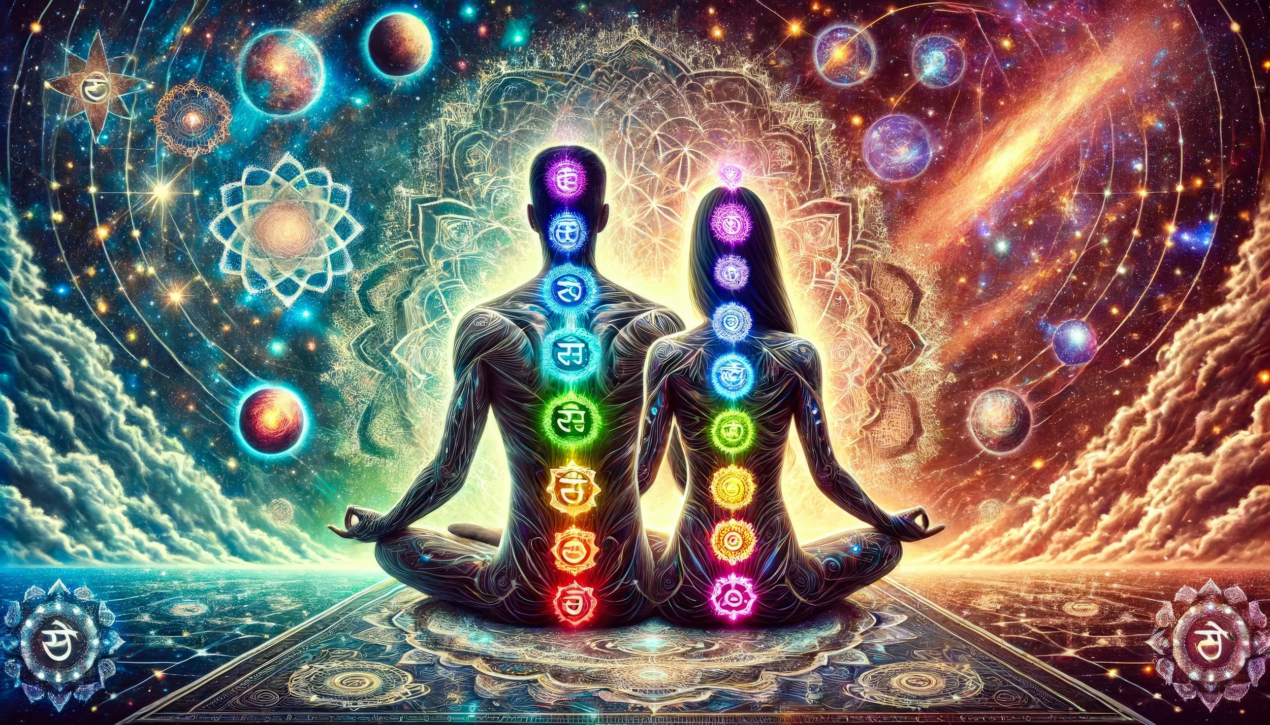 Zwei meditative Figuren, männlich und weiblich, sitzen im Lotus-Sitz mit chakra-Symbolen auf den Körpern, vor einem kosmischen Hintergrund mit Planeten, Sternen und energetischen Mustern.