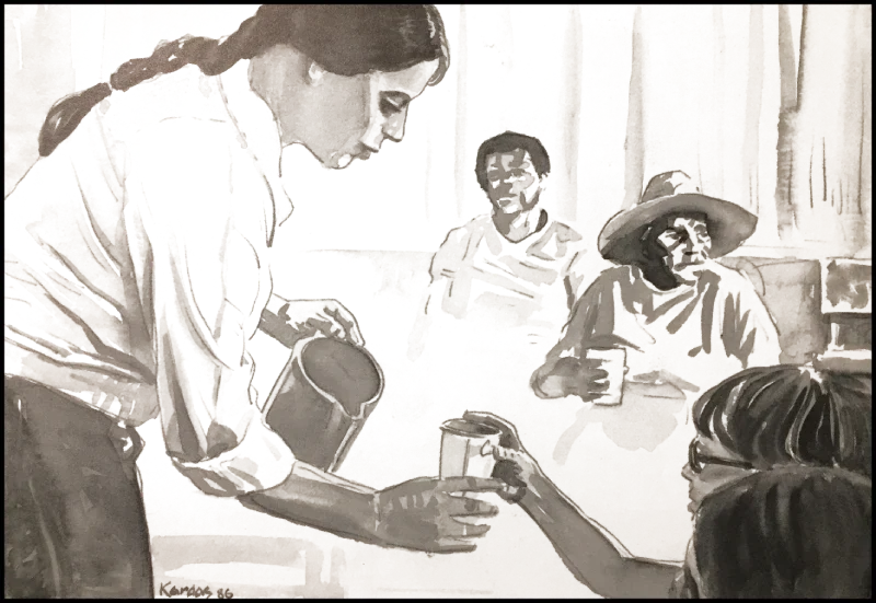 Pen and ink illustration by Alek Kardas of a membership housemeeting and a member giving another member a glass of water