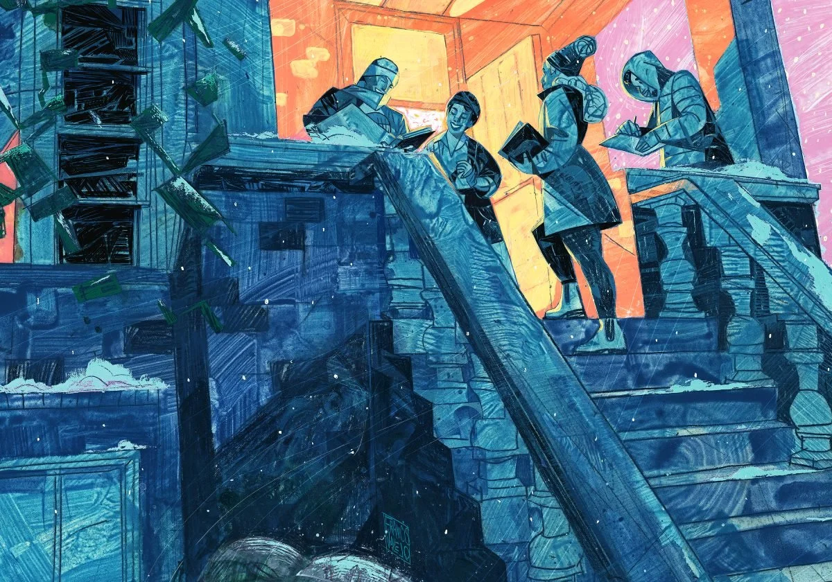 Illustration by Francis Vallejo of volunteers canvassing in the winter. Organizing is done year round to build organization, the most important benefit ESWA has to offer