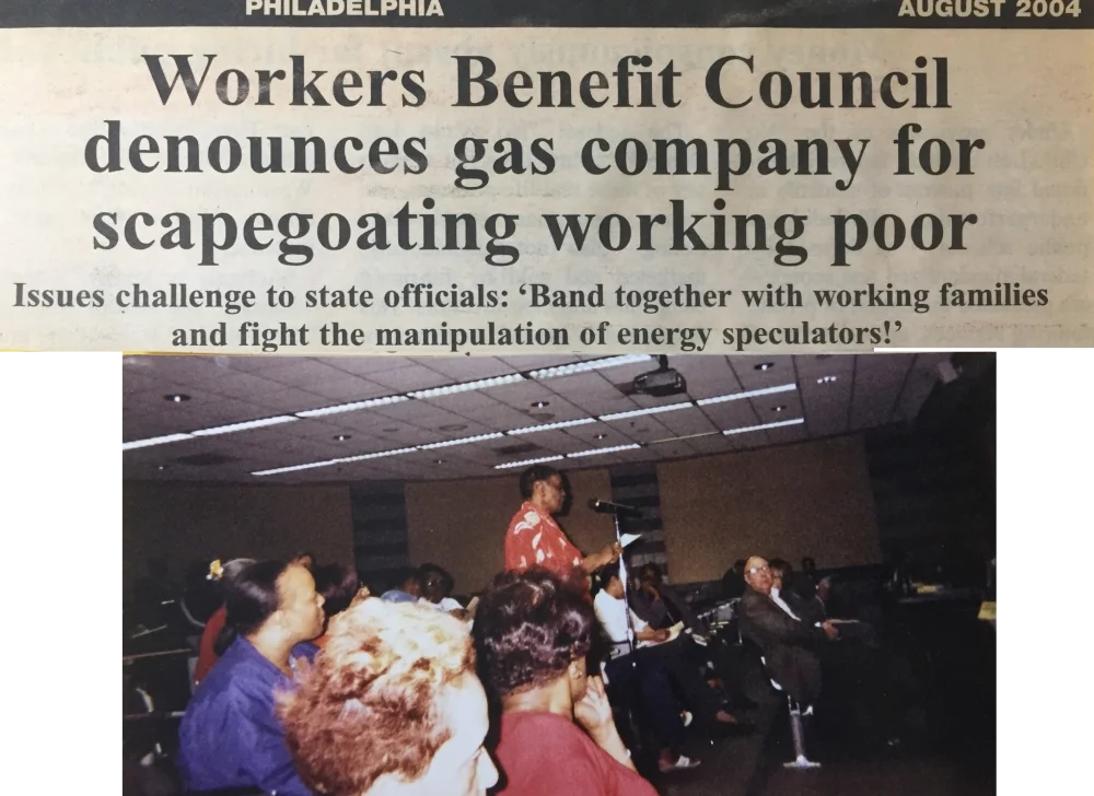News clipping from ESWA's newspaper the Philadelphia Service Worker with headline "Workers Benefit Council denounces gas company for scapegoating working poor"
