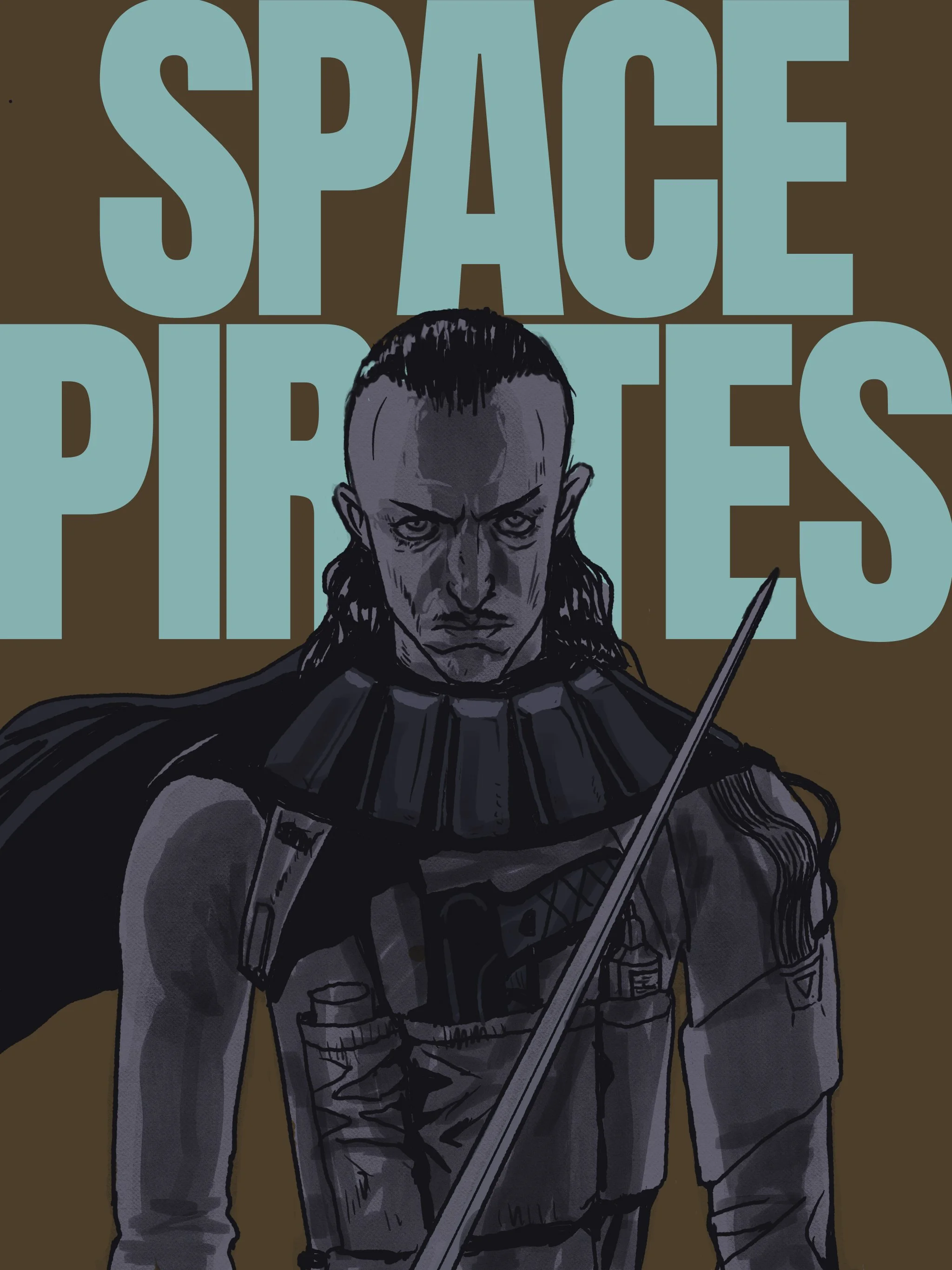A drawing of a stern man in dark clothing holding a staff or spear, with large stylized text reading 'SPACE PRITES' in the background.