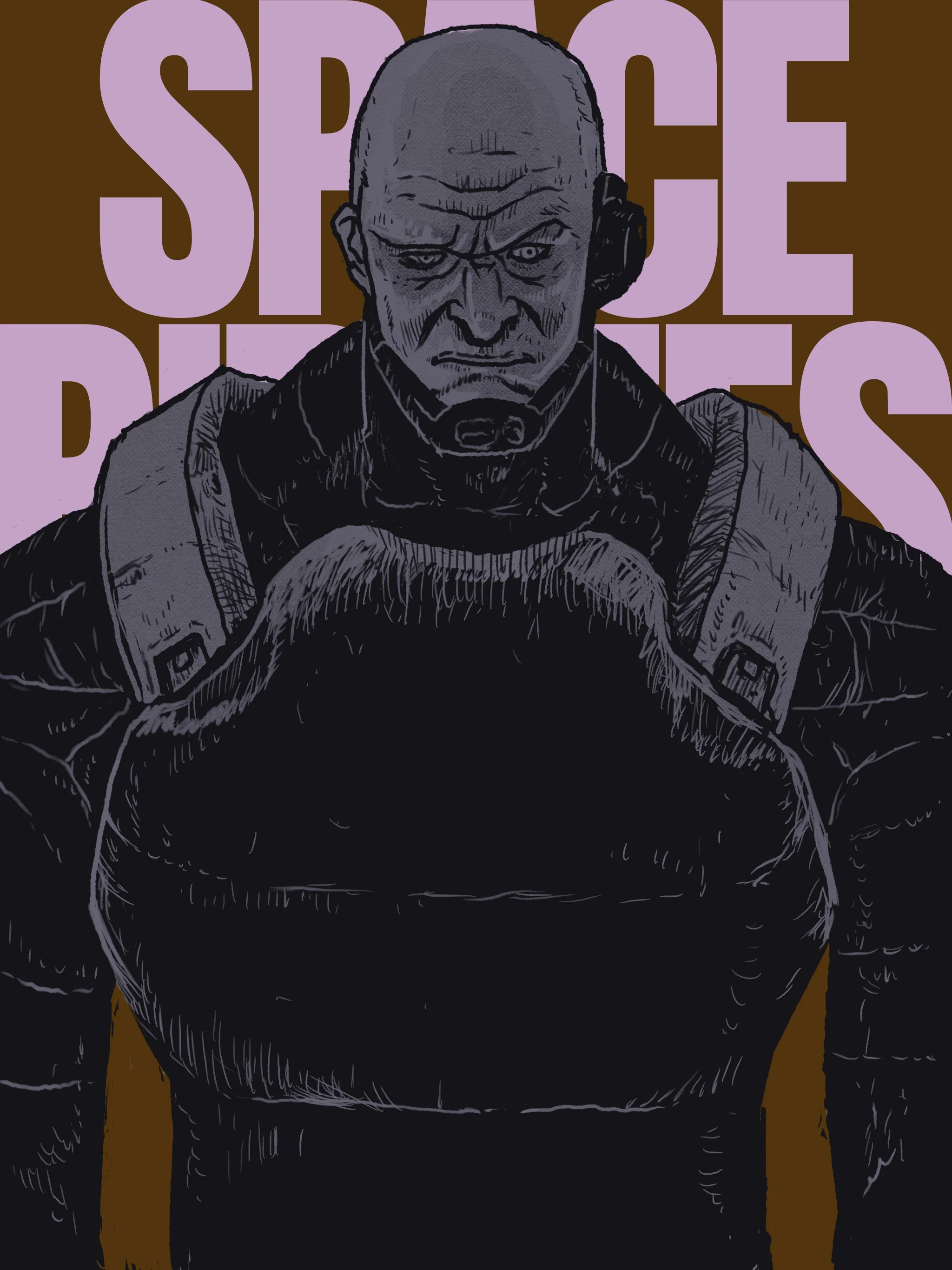 Illustration of a serious, bald man wearing a high-tech suit with a headset, set against a background with large purple text reading 'SPACE'.