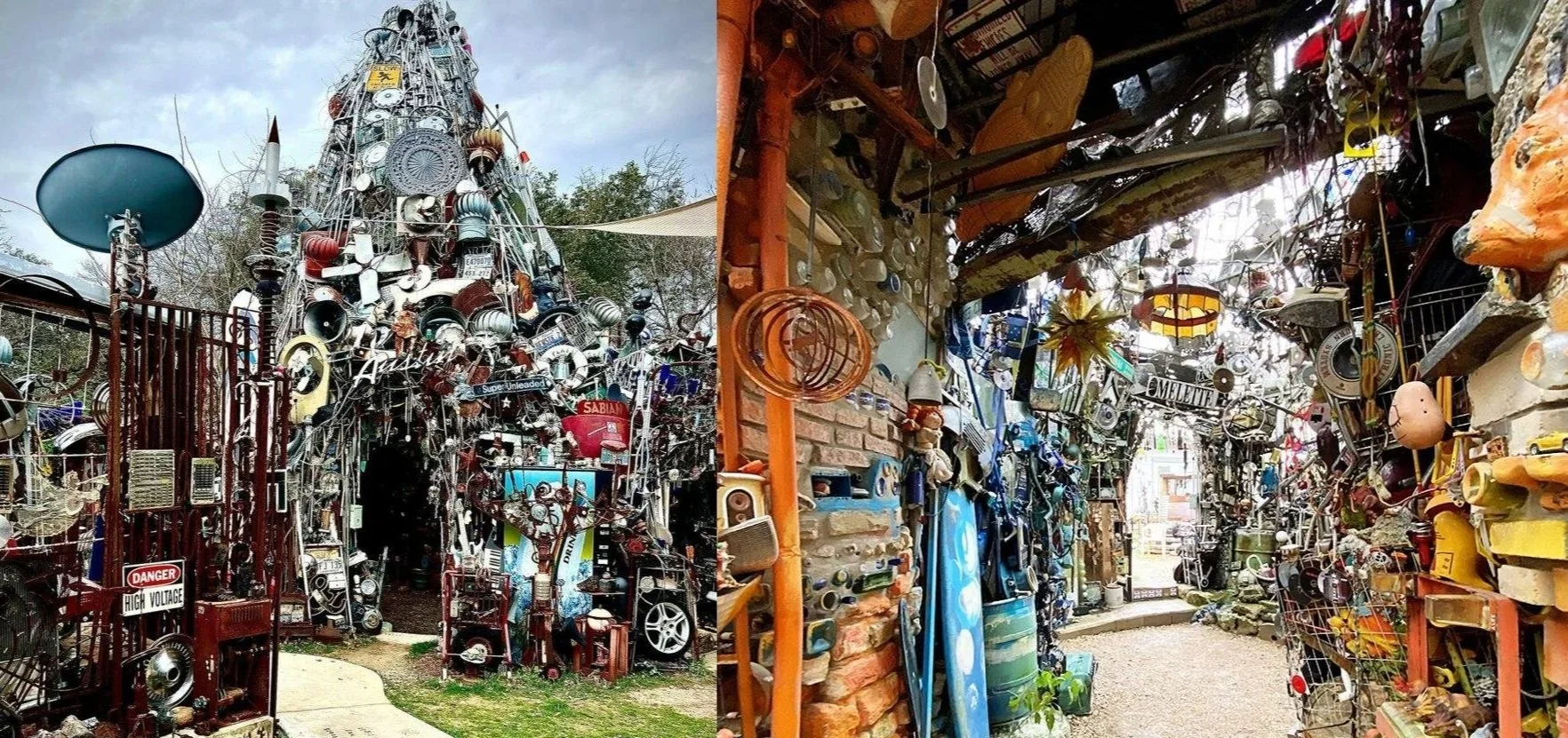 Exterior and interior views of the Cathedral of Junk in Austin Texas, a towering structure built from recycled scrap metal and discarded objects.