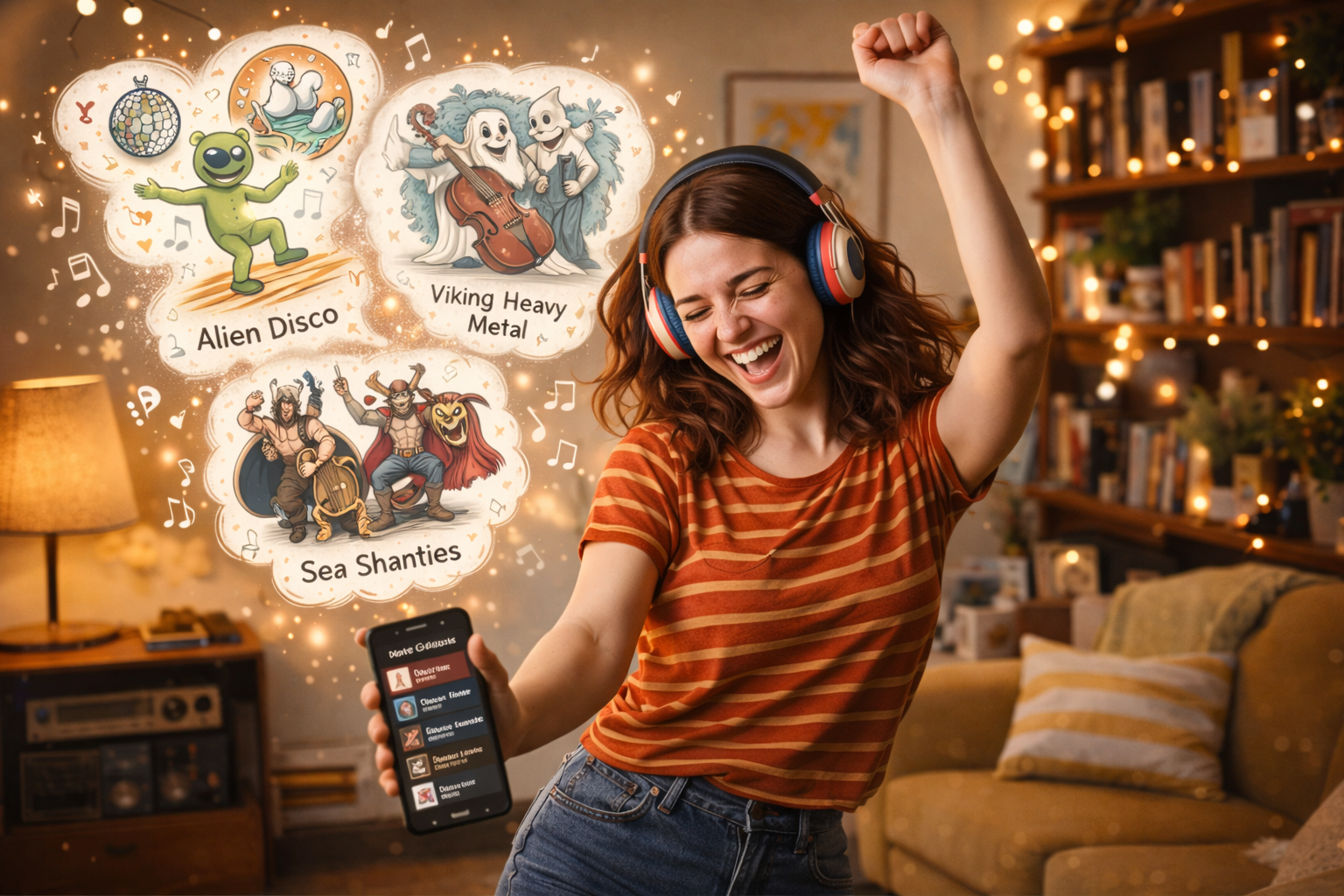 Person dancing alone at home to a quirky and unusual music playlist as a fun and unconventional hobby that boosts mood and creativity.