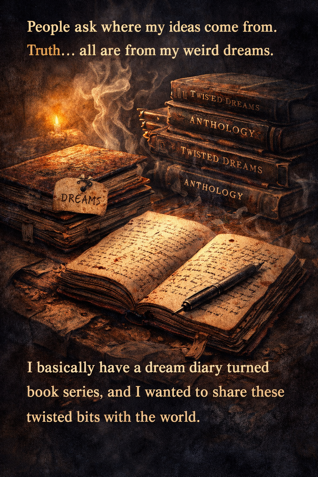 Dark atmospheric illustration of notebooks filled with handwritten ideas, stacked books, and a candlelit writing desk symbolizing story ideas inspired by dreams and imagination.