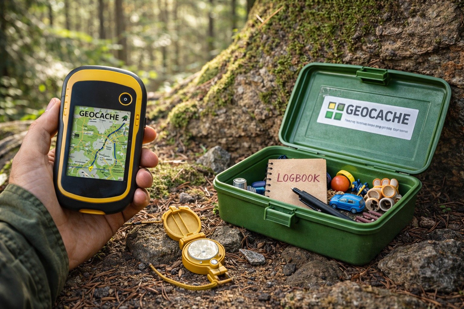 Creative geocaching hobby using GPS to locate hidden containers outdoors filled with small items and a logbook.