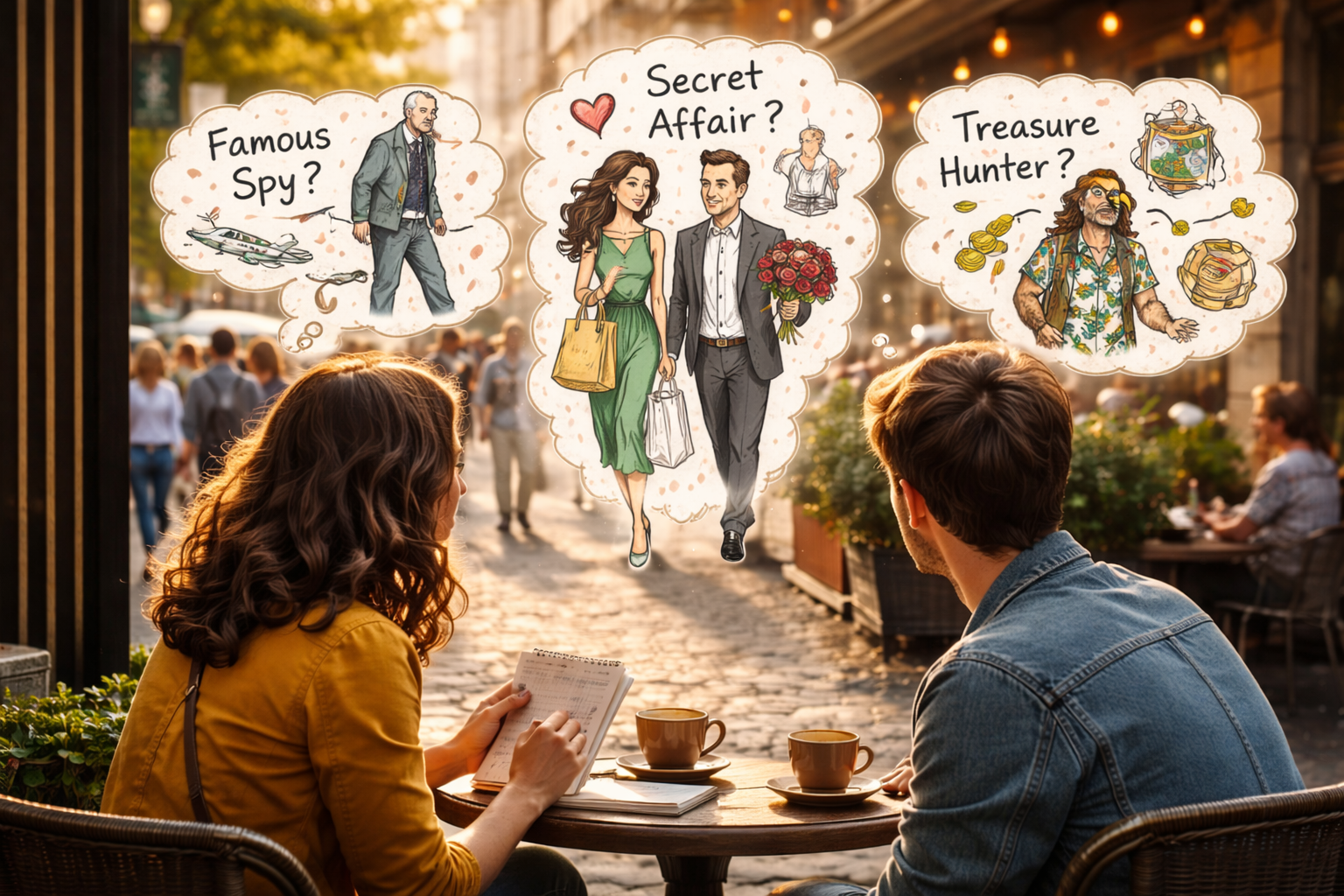 People watching at a café while imagining creative stories about strangers passing by.