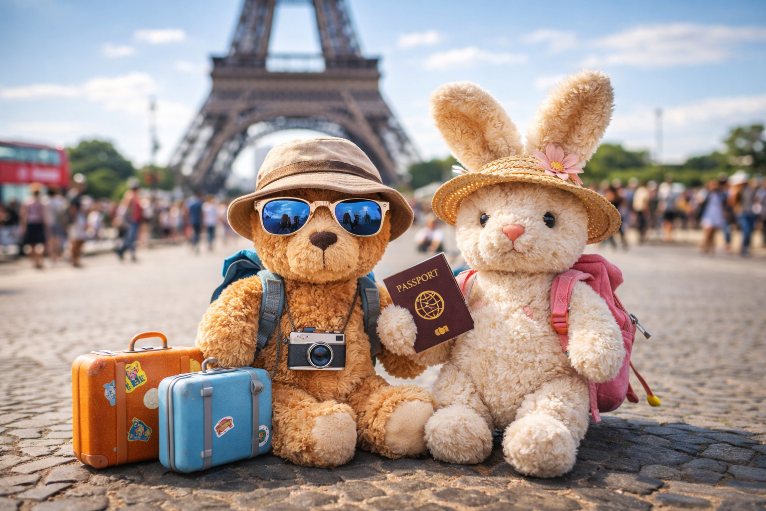 Toy voyaging hobby featuring plush toys traveling with miniature luggage and passport in front of a famous landmark.