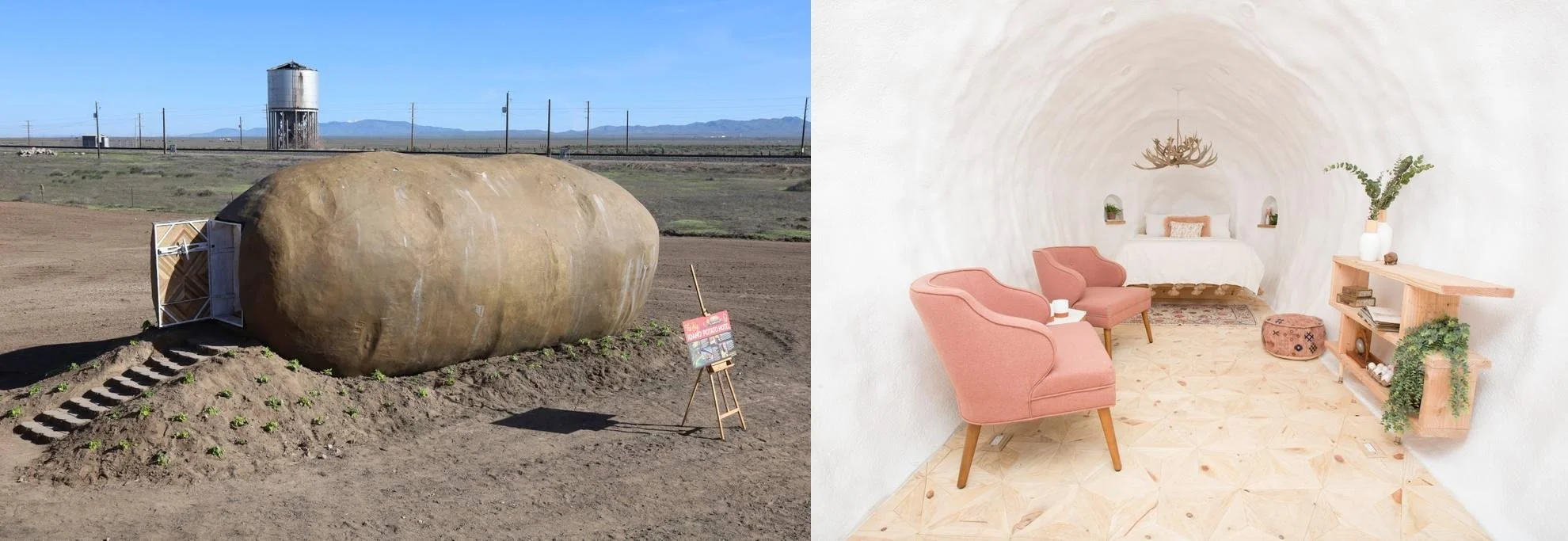 Exterior and interior views of the Big Idaho Potato Hotel in Idaho, a giant potato-shaped Airbnb accommodation.