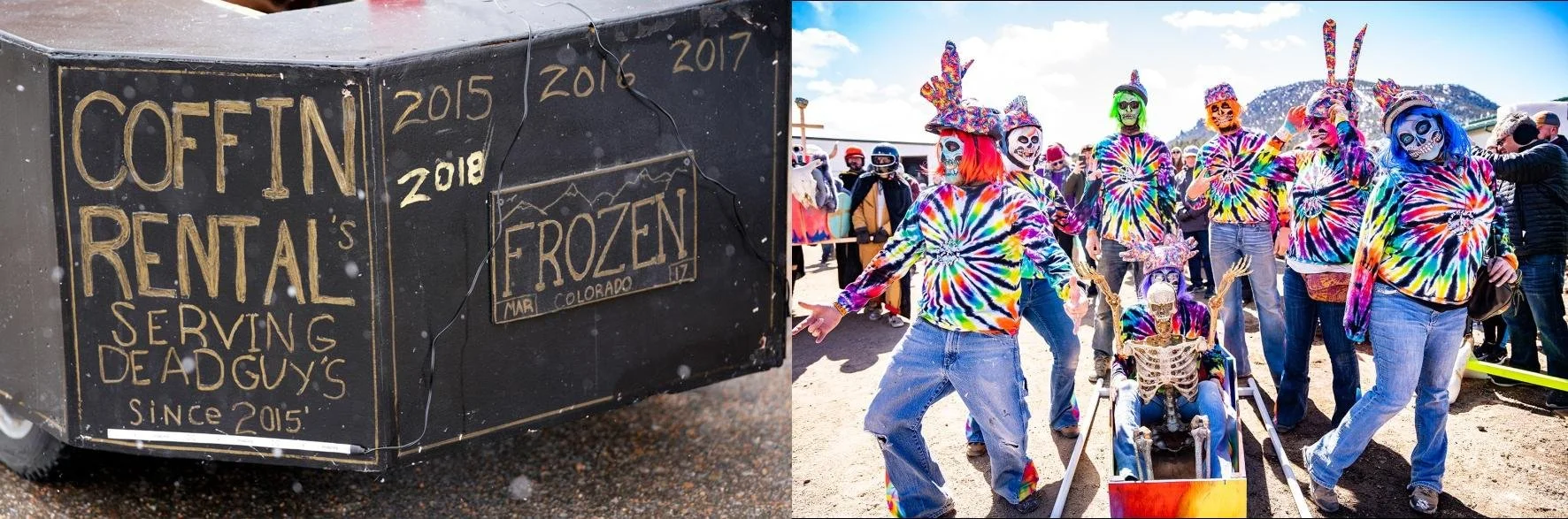 Participants in colorful costumes racing a coffin during the Frozen Dead Guy Days festival in Estes Park, Colorado.