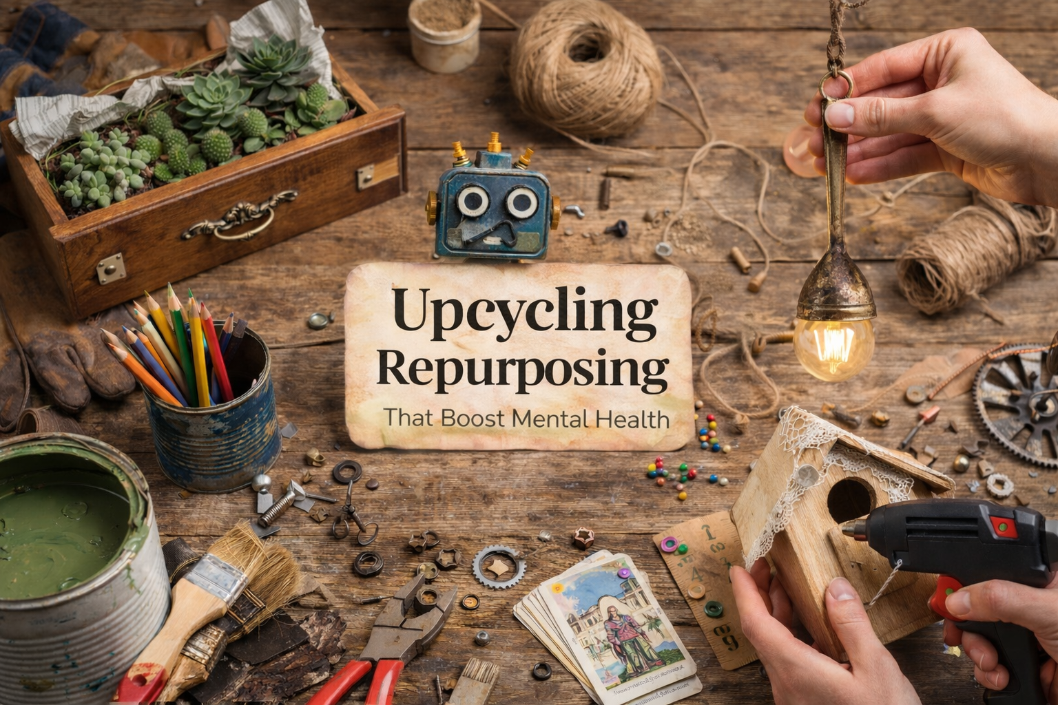 Upcycling and junk repurposing hobby using old household items and scrap materials to create creative projects that support mental wellbeing.