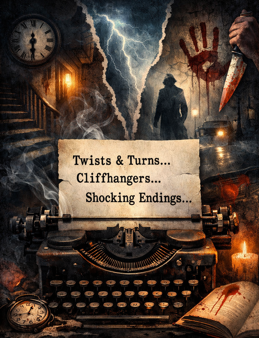 Digital illustration of a suspenseful writing scene with a vintage typewriter, stormy night atmosphere, and dark thriller elements symbolizing twists, cliffhangers, and shocking story endings.