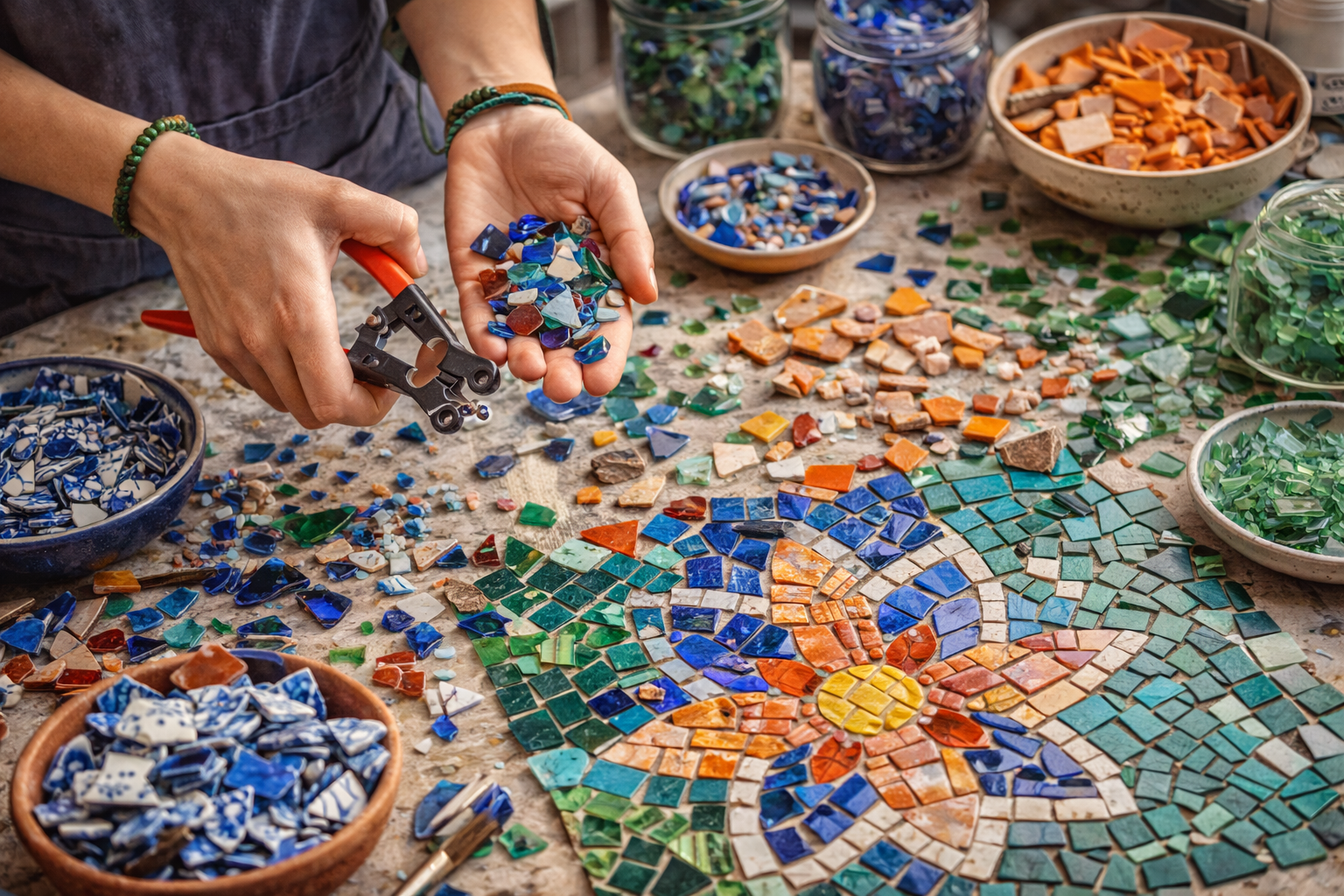 Collecting broken glass and ceramic pieces to create colorful mosaic artwork as a creative and unconventional hobby.