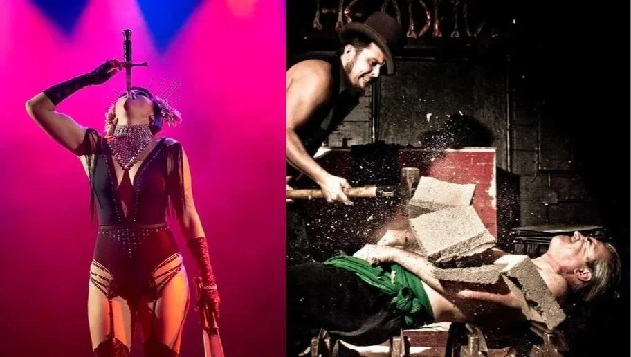 Circus sideshow performers demonstrating sword swallowing and strength stunts during a traveling sideshow performance.