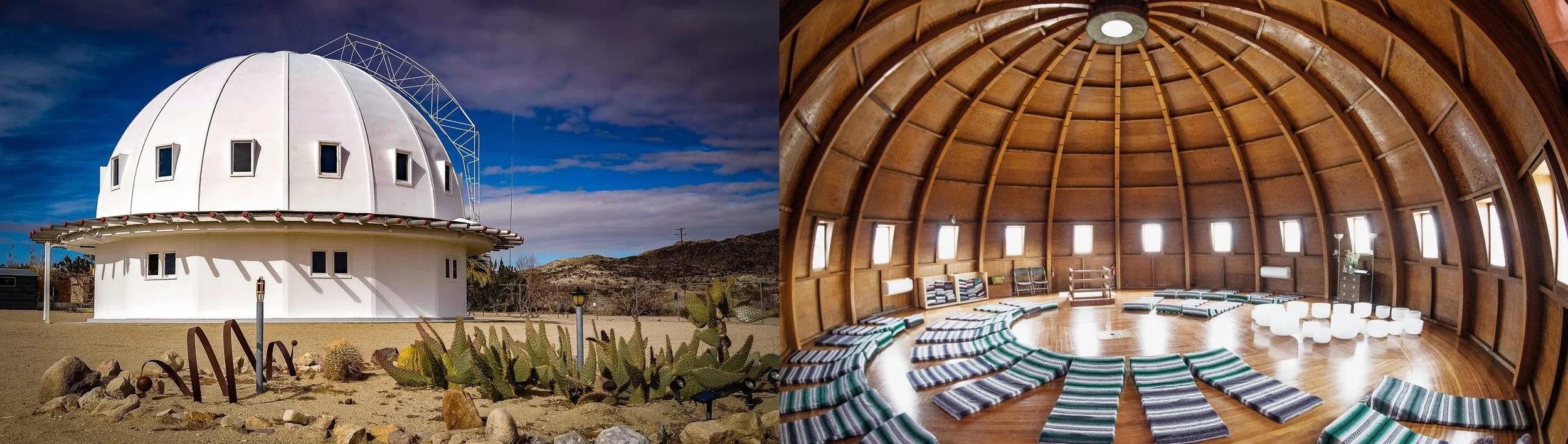 Exterior and interior views of the Integratron in Landers, California, showing the mysterious desert dome and its acoustically designed meditation chamber used for sound bath experiences.