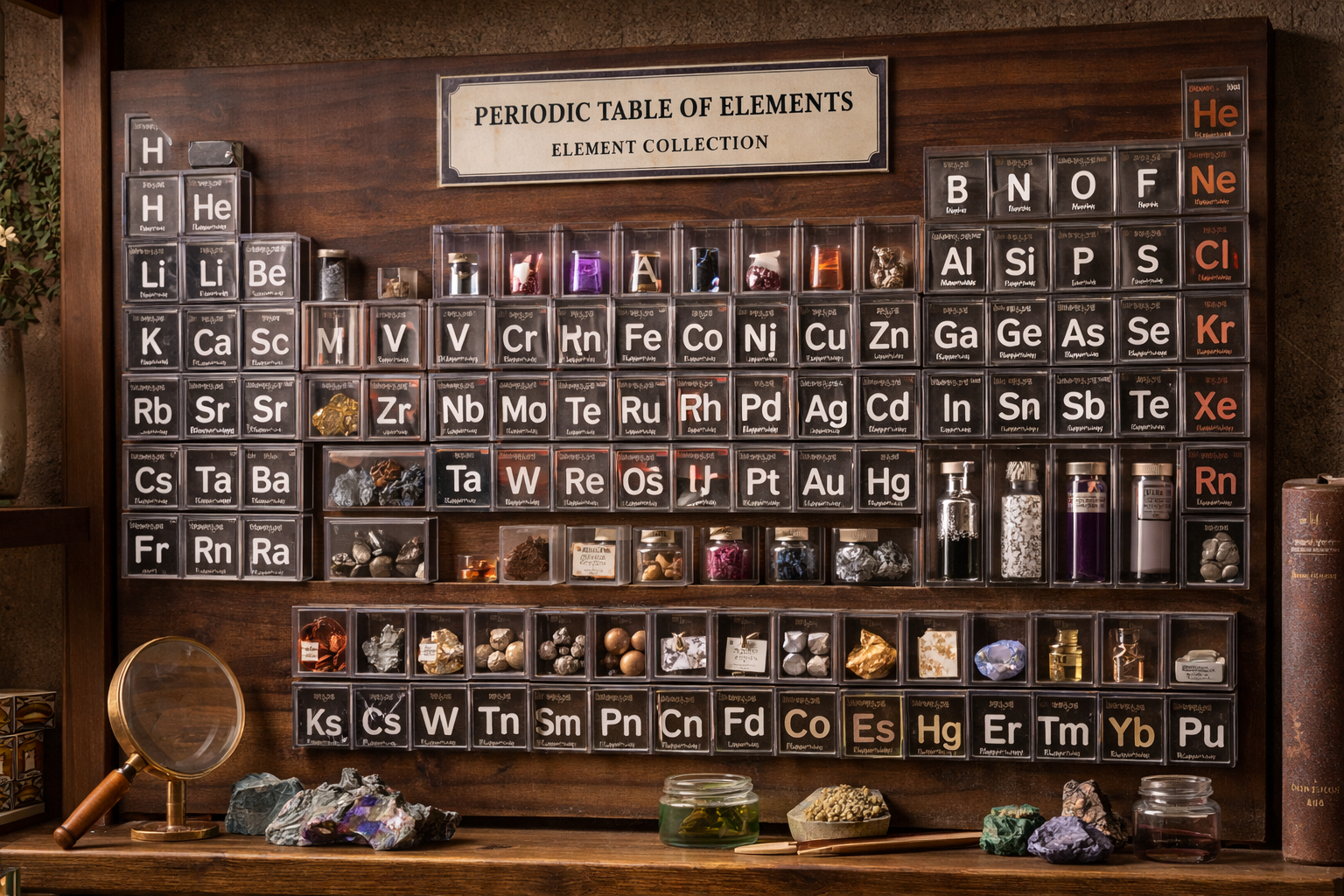 Element collecting hobby featuring a periodic table display with labeled element samples and minerals.