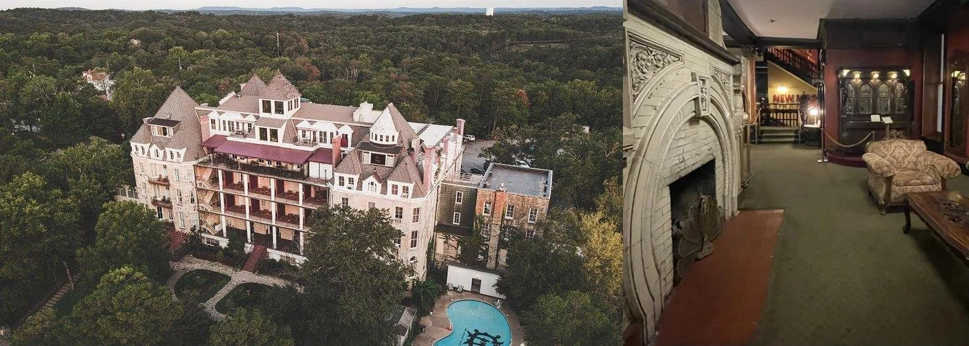 Exterior and interior views of the historic 1886 Crescent Hotel & Spa in Eureka Springs, Arkansas, known for its Victorian architecture and haunted reputation.