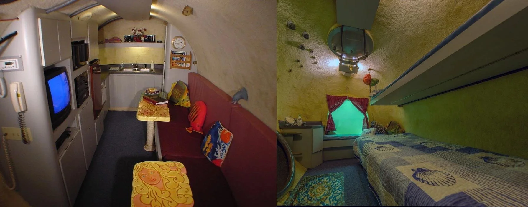 Interior rooms of Jules’ Undersea Lodge in Key Largo, Florida showing the living area and bedroom inside the underwater hotel.