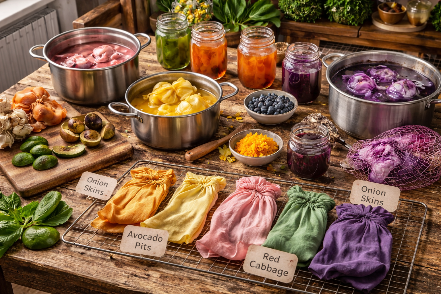 Natural dyeing using kitchen scraps like onion skins, avocado pits, and vegetables to create colorful fabric dyes as a creative hobby.