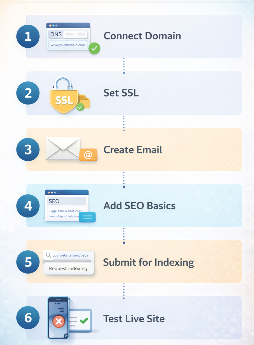 Infographic outlining the technical setup process for a website, including domain connection, email setup, SEO basics, and site testing.