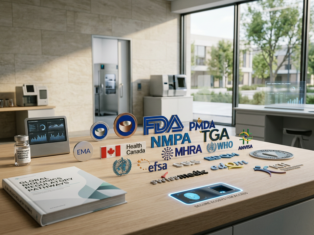 A desk with various organizational logos of health and safety agencies, a tablet displaying data, a jar labeled 'Investment Portfolio Adequacy Therapies,' a booklet titled 'Global Biologics Regulations Pathways,' and a fingerprint scanner labeled 'Secure Ecosystem Access' in a modern building with large windows.