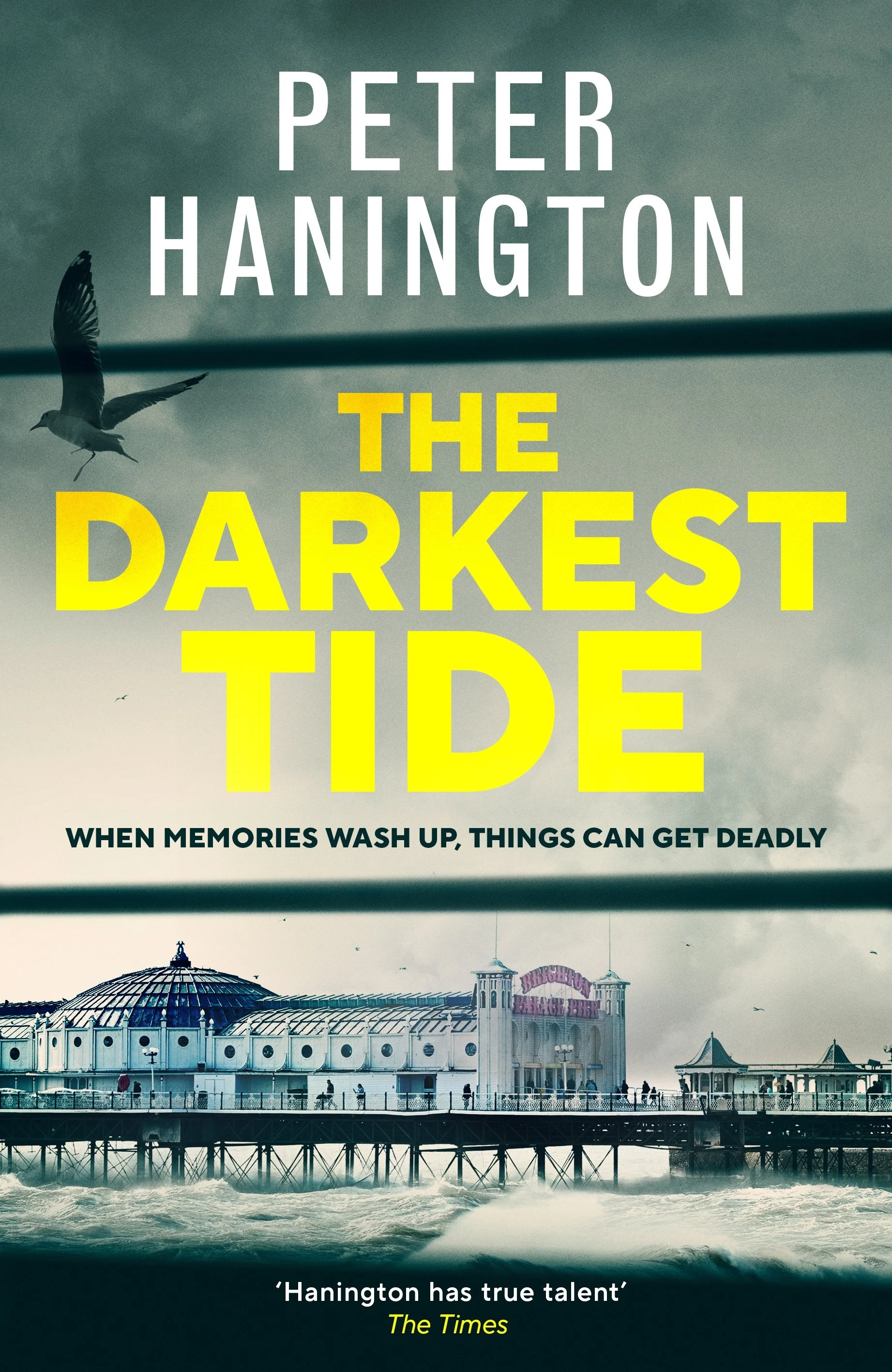 Book cover for 'The Darkest Tide' by Peter Hanington, featuring an ocean pier, a bird in flight, and a cloudy sky.
