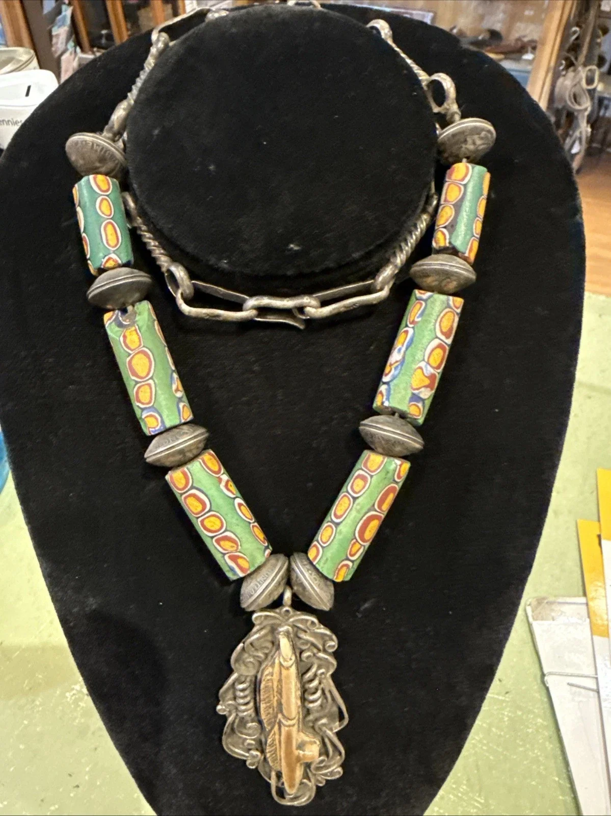 Sterling & trade bead signed native American necklace w/ mercury dimes