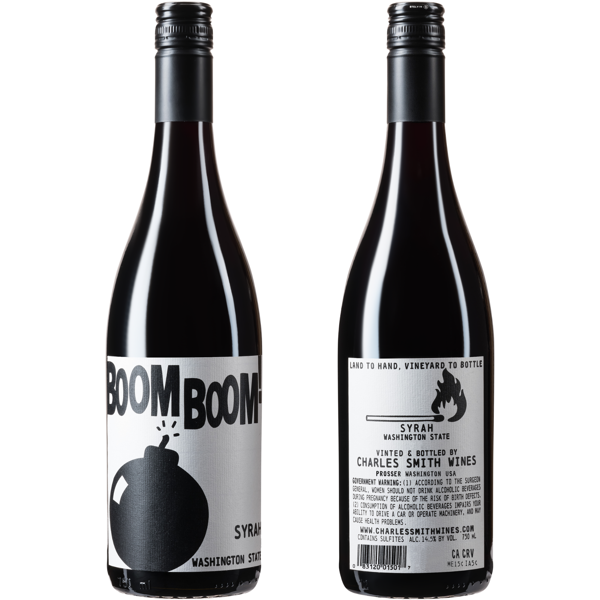Black and white illustration of a cartoon bomb with open flame, accompanied by the words "BOOM BOOM!" in large, bold letters, and the text "SYRAH WASHINGTON STATE" in smaller letters at the bottom.