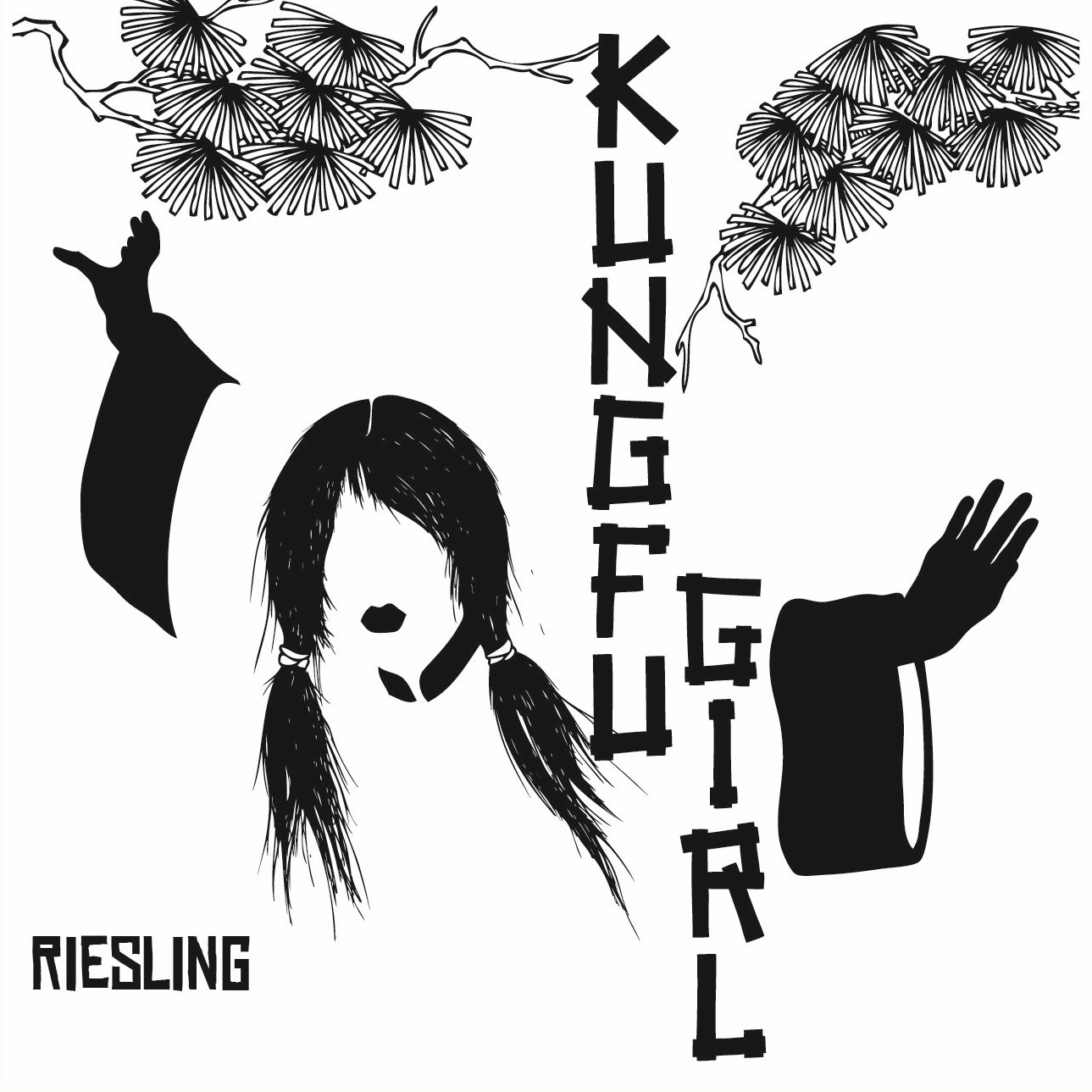 Black and white illustration of a girl with long hair in pigtails, with her face partially obscured. She has her arms raised, and there are pine tree branches above her. The words "KINGFISHER" are vertically written in bold, stylized letters across the image. The text at the bottom reads "RIESLING WASHINGTON STATE."