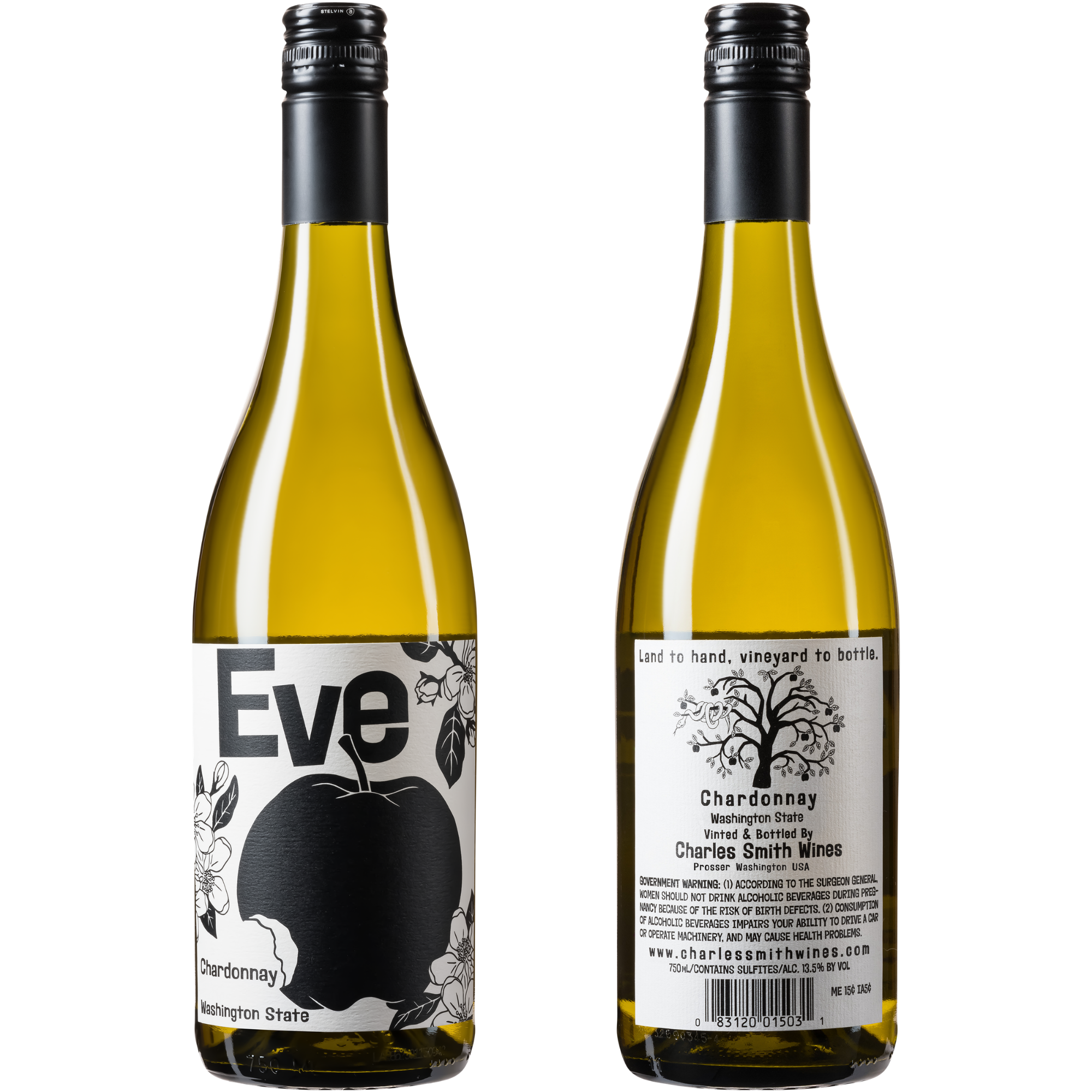Black and white graphic of a bitten apple with the word 'Eve' above it, surrounded by apple blossoms and leaves, and the text 'Chardonnay Washington State' at the bottom.