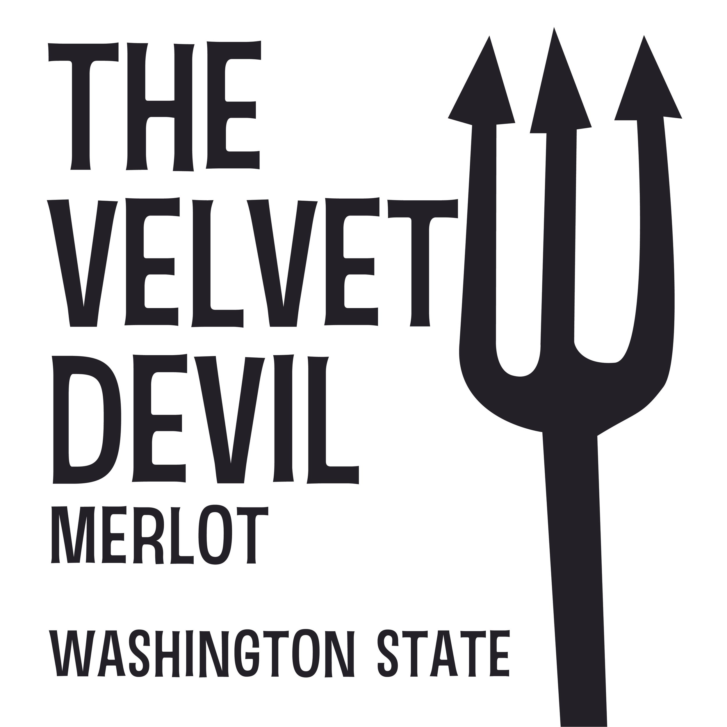 Text that reads 'The Velvet Devil Merlot Washington State' next to a black trident-shaped graphic.