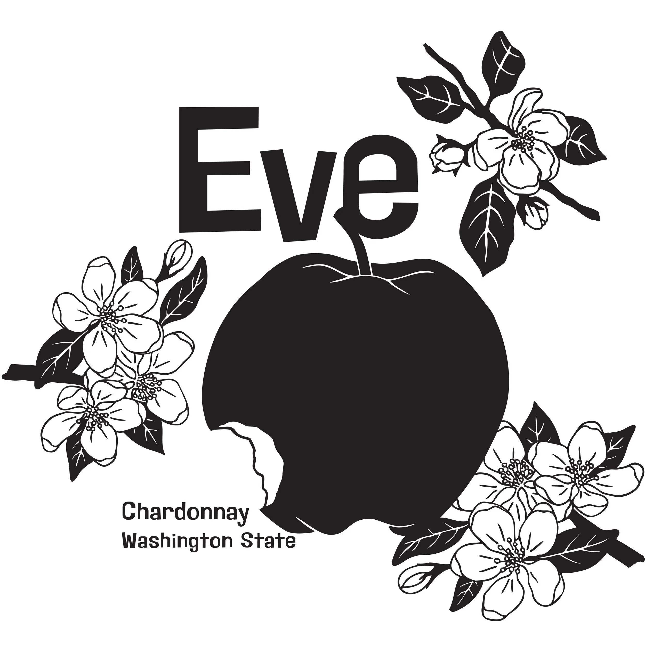 Black and white graphic of a bitten apple with the word 'Eve' above it, surrounded by apple blossoms and leaves, and the text 'Chardonnay Washington State' at the bottom.