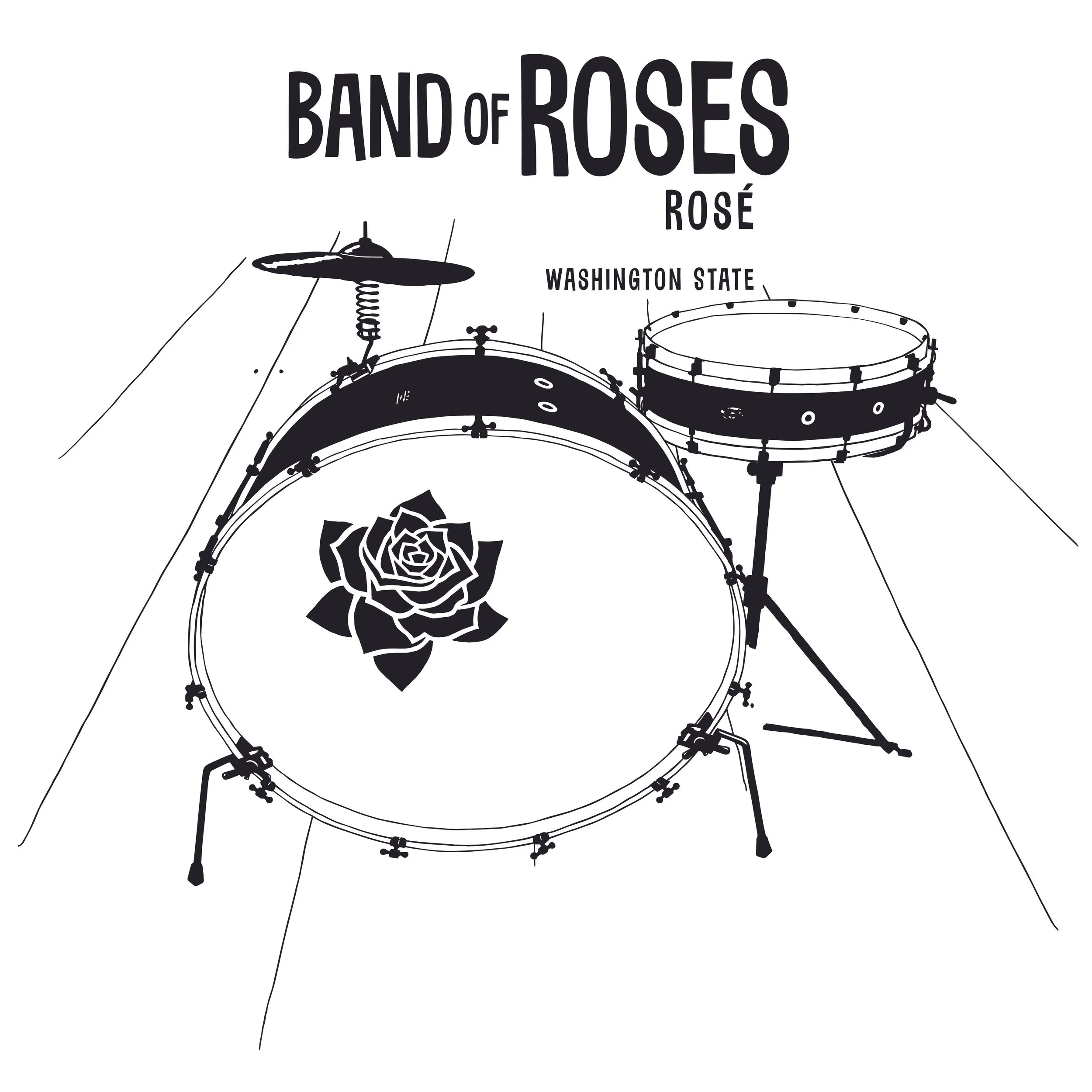Black and white illustration of a drum set with a rose logo on the bass drum, with text 'Band of Roses Rosé Washington State' above it.