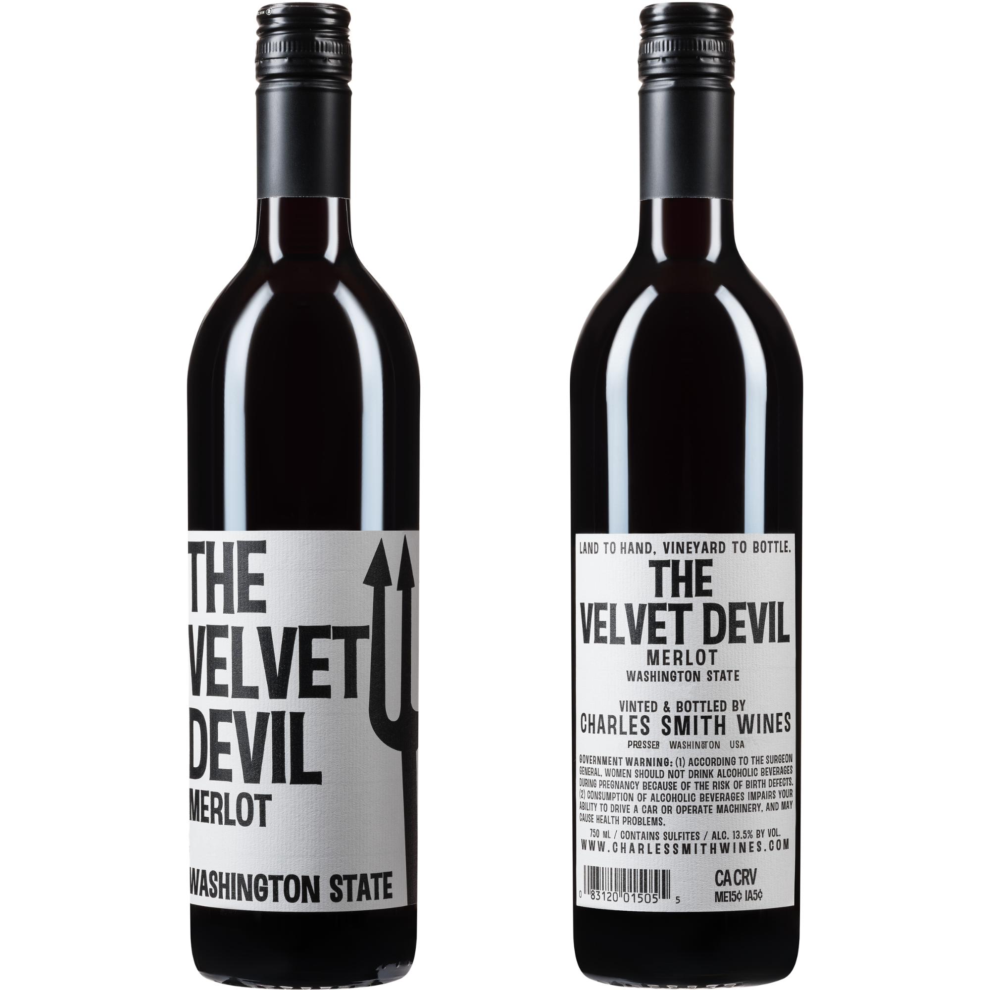 Text that reads 'The Velvet Devil Merlot Washington State' next to a black trident-shaped graphic.