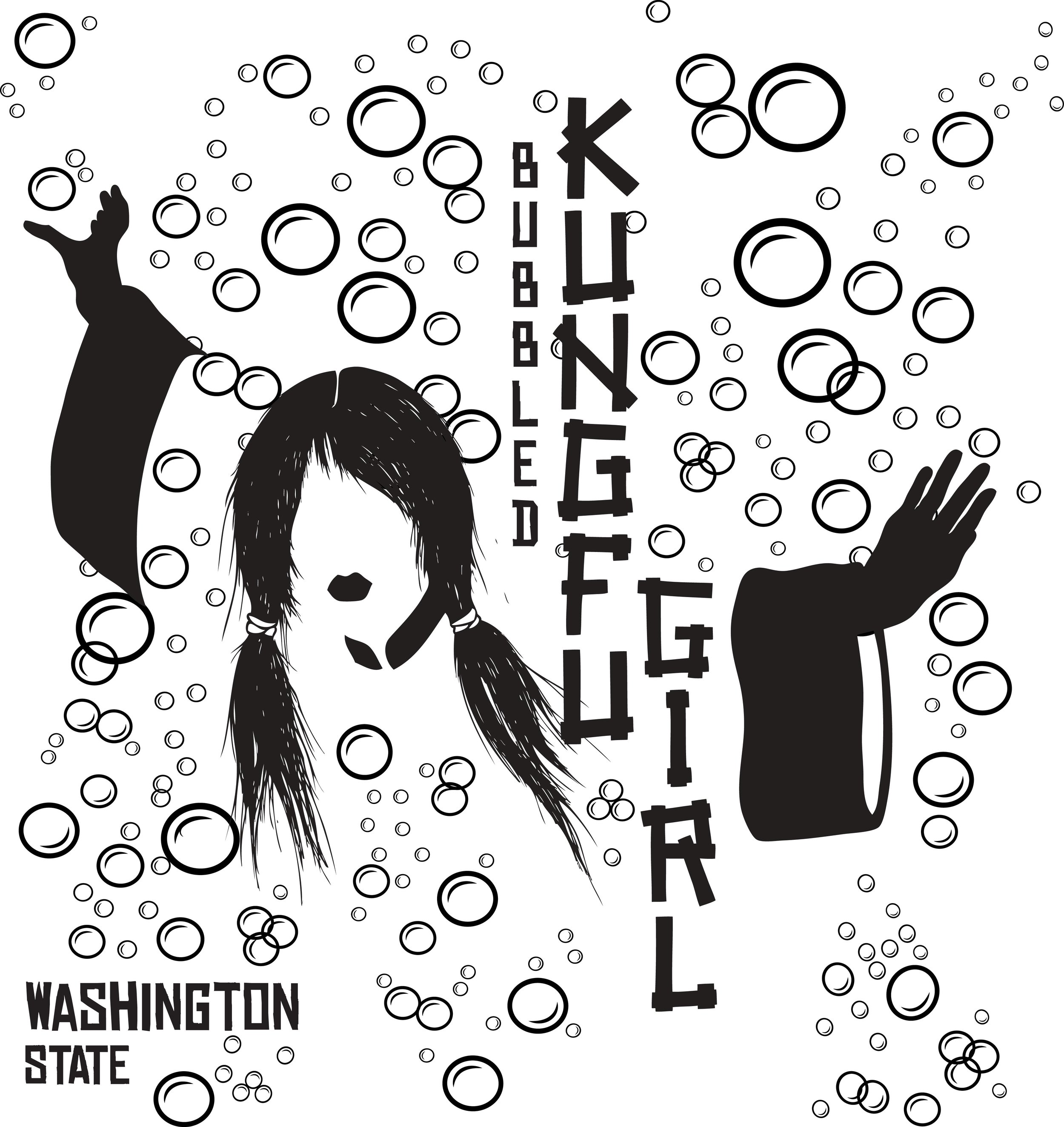 Black and white illustration of a girl with long hair and pigtails surrounded by bubbles, with text reading 'Deep Bubbles of Washington State' and a partial view of a person raising one hand.