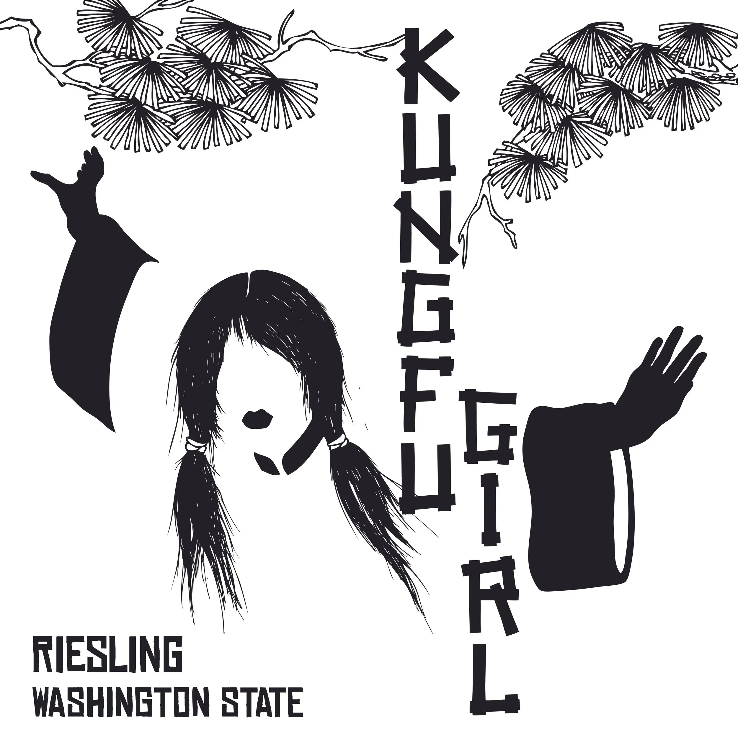 Black and white illustration of a girl with long hair in pigtails, with her face partially obscured. She has her arms raised, and there are pine tree branches above her. The words "KINGFISHER" are vertically written in bold, stylized letters across the image. The text at the bottom reads "RIESLING WASHINGTON STATE."