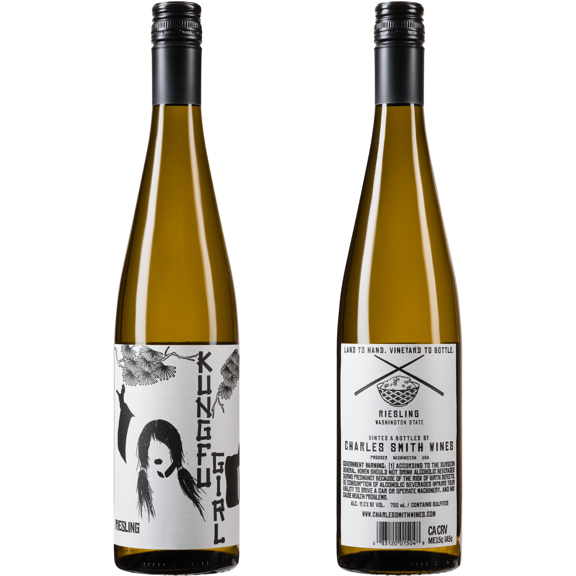 Black and white illustration of a girl with long hair in pigtails, with her face partially obscured. She has her arms raised, and there are pine tree branches above her. The words "KINGFISHER" are vertically written in bold, stylized letters across the image. The text at the bottom reads "RIESLING WASHINGTON STATE."